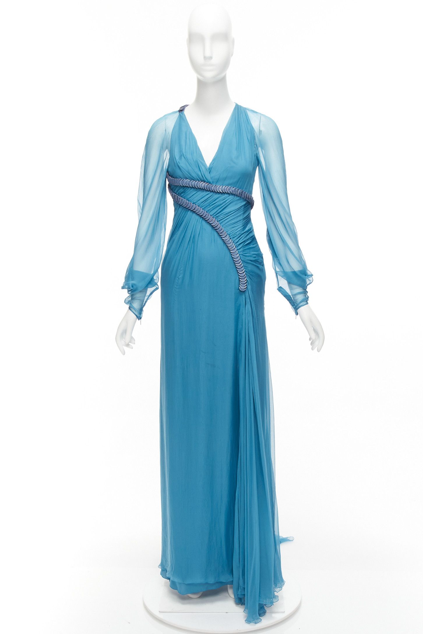 Versace rare VERSACE Runway blue silk pailette embellished sheer sleeves draped evening gown Size S / US 4 / IT 40 - 10 Thumbnail