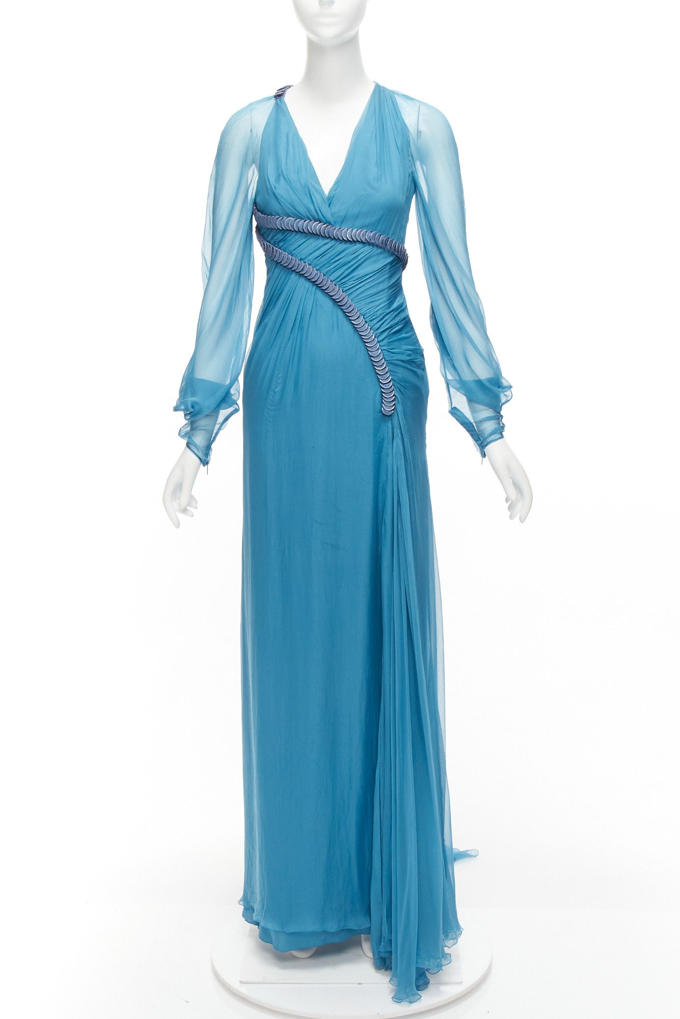 Versace rare VERSACE Runway blue silk pailette embellished sheer sleeves draped evening gown Size S / US 4 / IT 40 - 3 Thumbnail