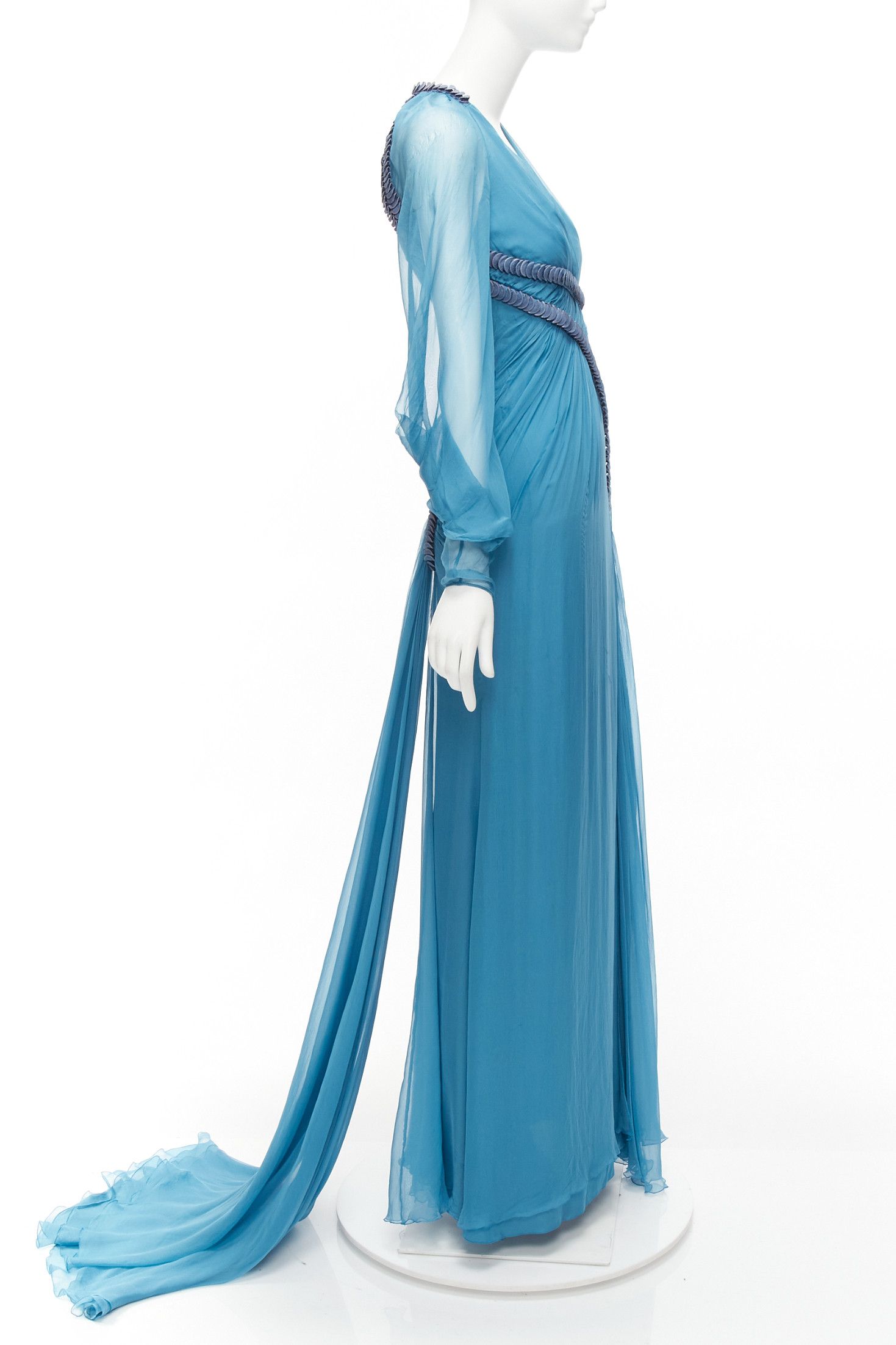 Versace rare VERSACE Runway blue silk pailette embellished sheer sleeves draped evening gown Size S / US 4 / IT 40 - 4 Thumbnail