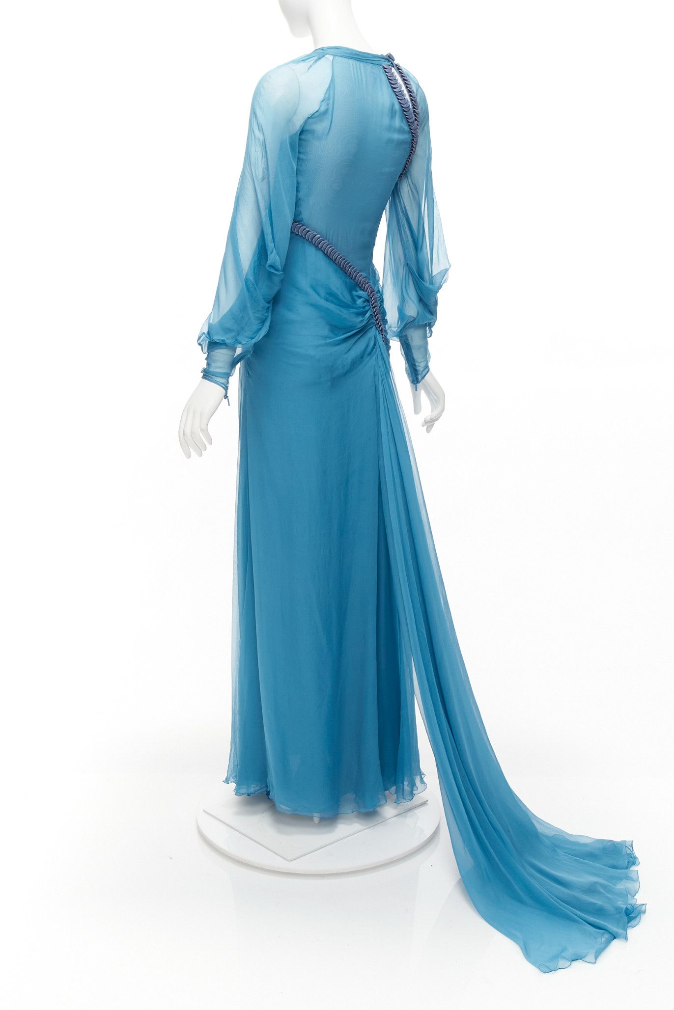 Versace rare VERSACE Runway blue silk pailette embellished sheer sleeves draped evening gown Size S / US 4 / IT 40 - 6 Thumbnail