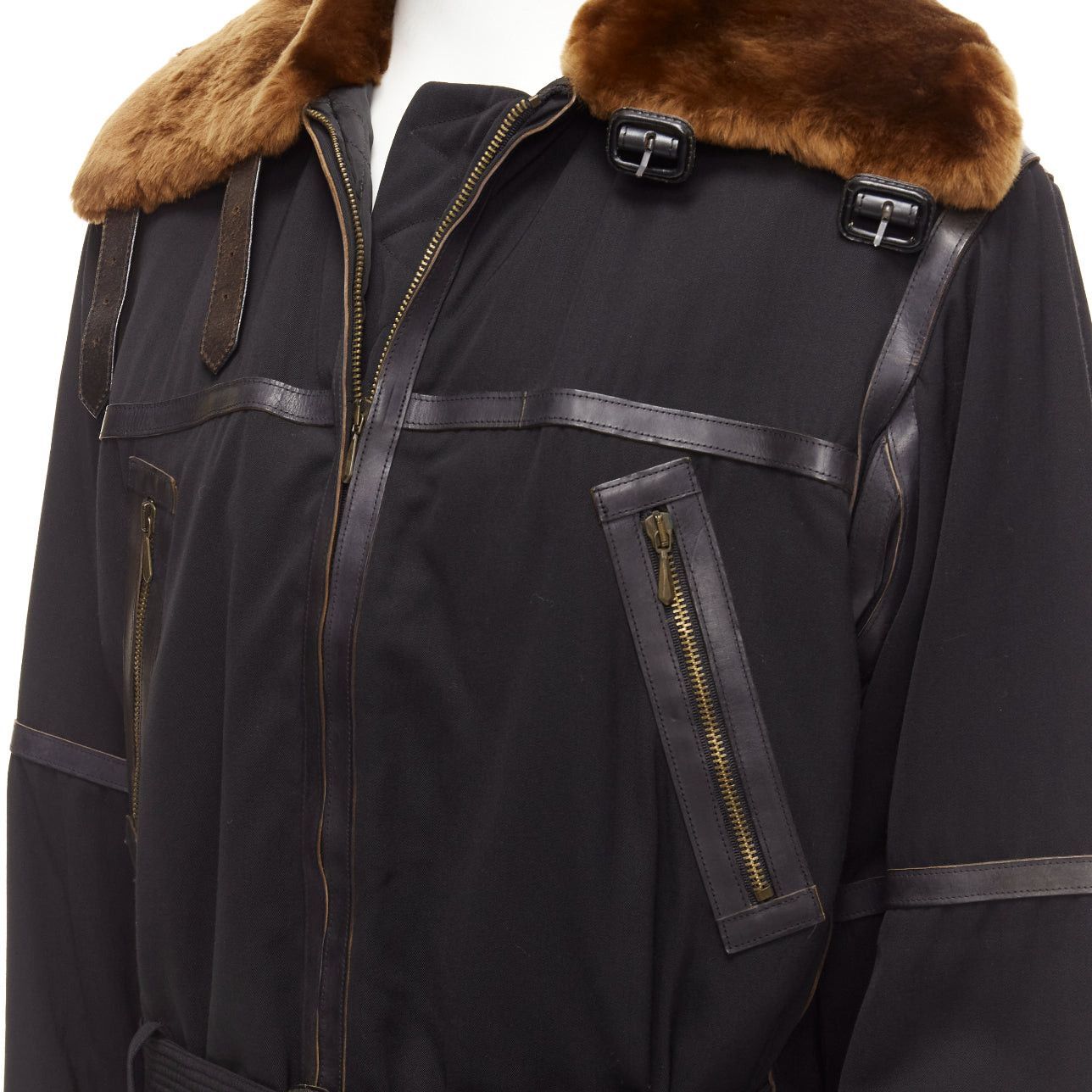 Jean Paul Gaultier rare JEAN PAUL GAULTIER HOMME black wool brown faux fur aviator flight jacket IT50 L Size US L / EU 52-54 / 3 - 2 Thumbnail