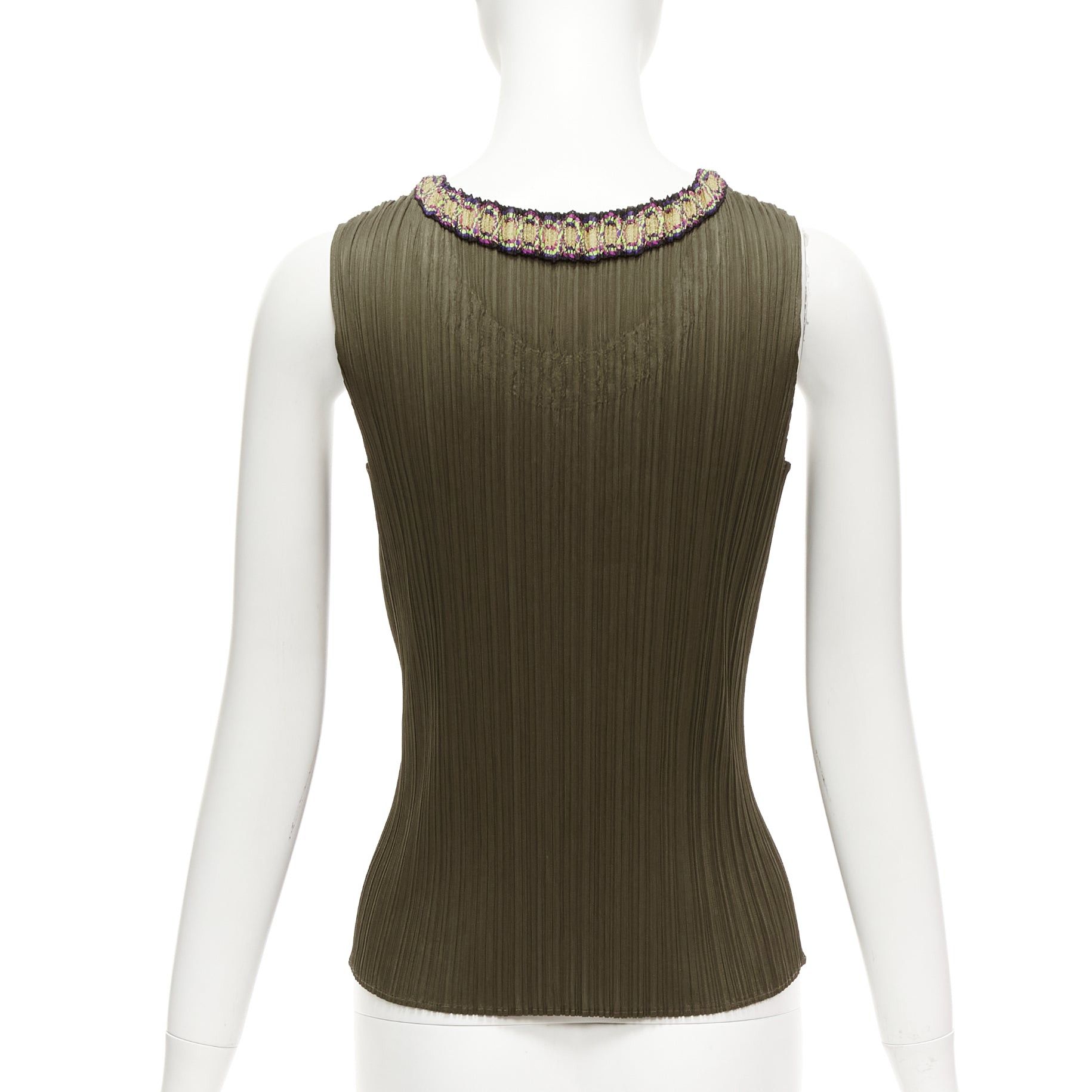 Issey Miyake ISSEY MIYAKE Pleats Please khaki plisse orange embroidery neckline vest JP4 XL Size L / US 10 / IT 46 - 5 Thumbnail