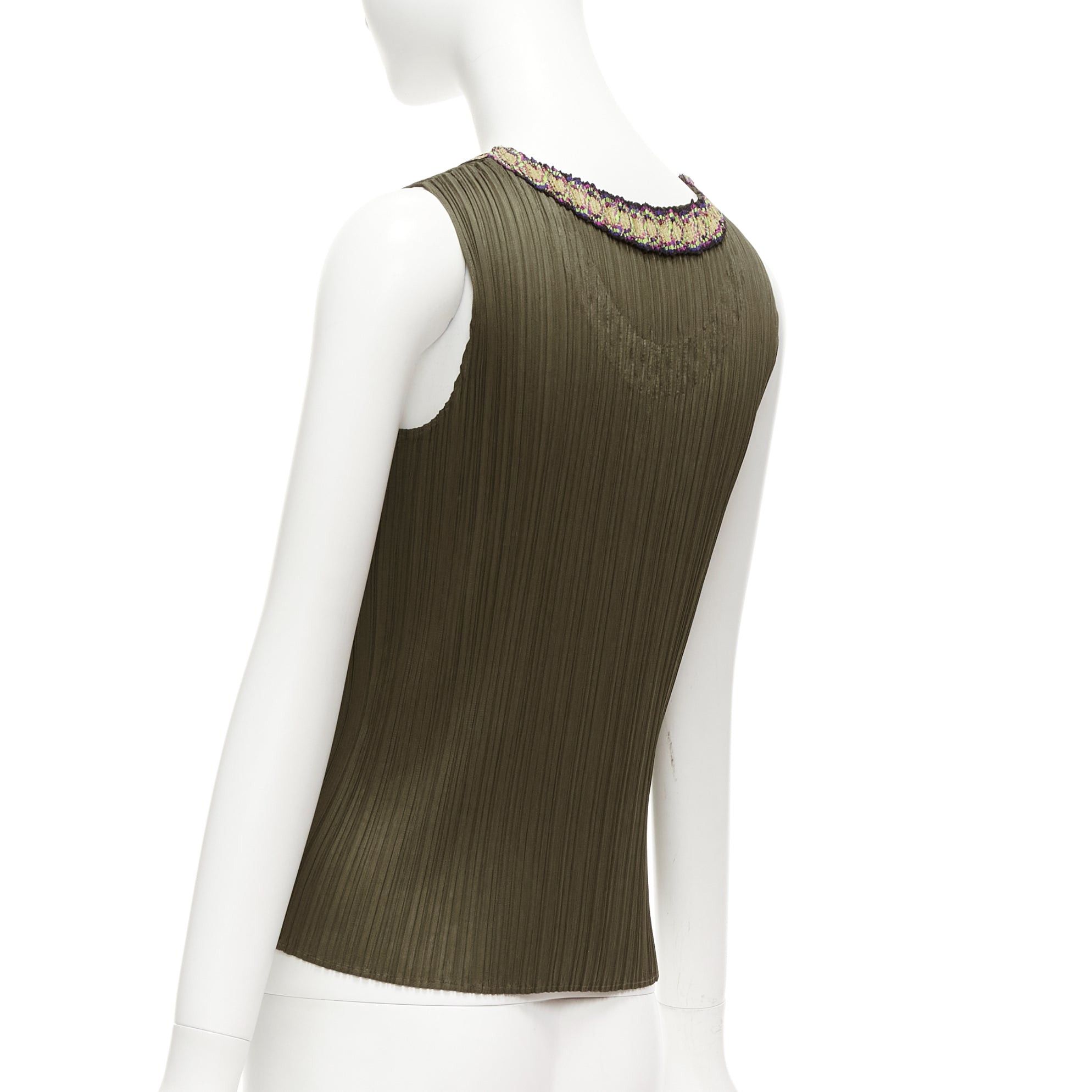 Issey Miyake ISSEY MIYAKE Pleats Please khaki plisse orange embroidery neckline vest JP4 XL Size L / US 10 / IT 46 - 6 Thumbnail