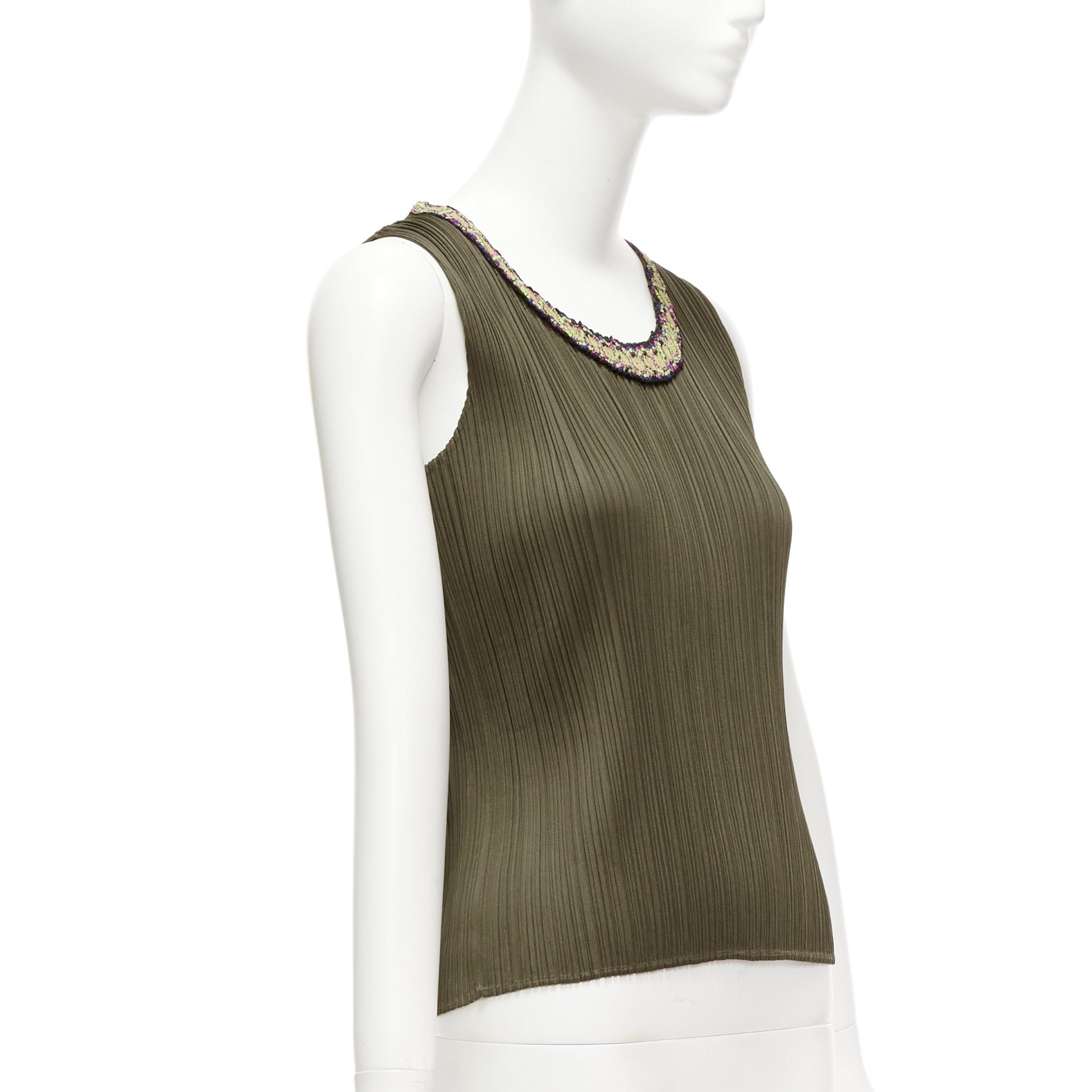 Issey Miyake ISSEY MIYAKE Pleats Please khaki plisse orange embroidery neckline vest JP4 XL Size L / US 10 / IT 46 - 3 Thumbnail