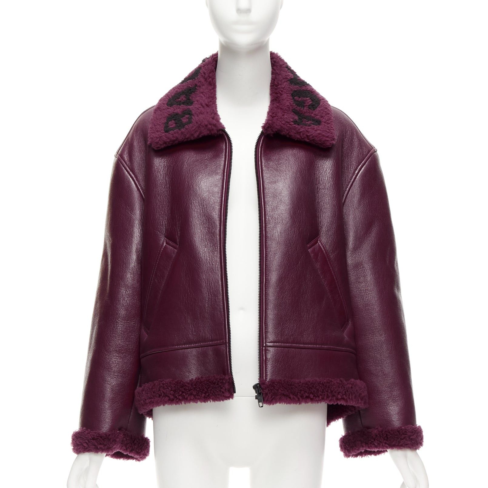 Balenciaga BALENCIAGA Demna 2020 burgundy logo shearling cocoon Bombardier jacket FR34 XS Size XS / US 0-2 / IT 36-38 - 3 Thumbnail