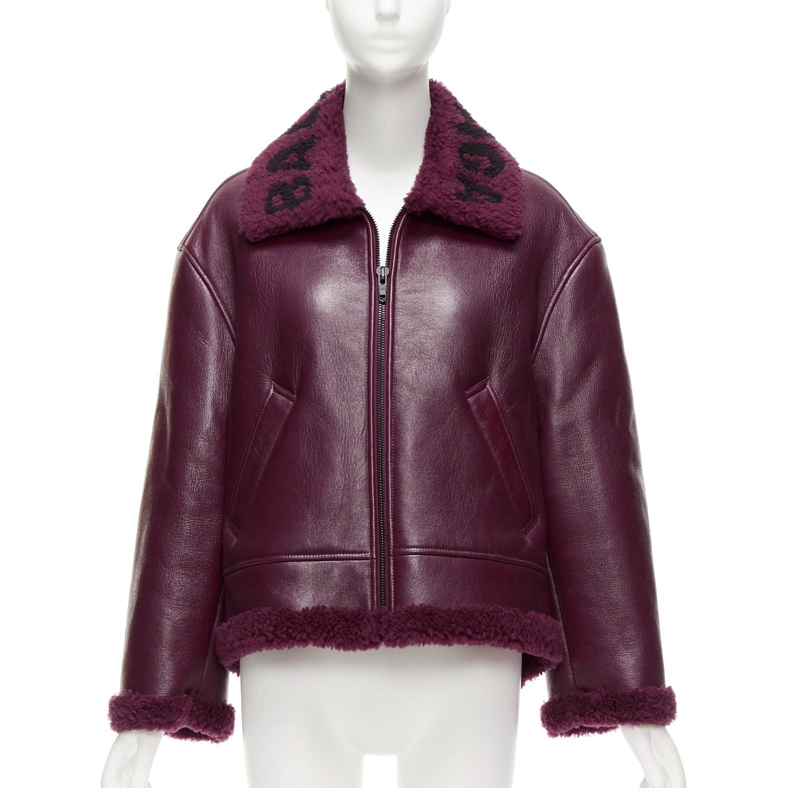 Balenciaga BALENCIAGA Demna 2020 burgundy logo shearling cocoon Bombardier jacket FR34 XS Size XS / US 0-2 / IT 36-38 - 4 Thumbnail