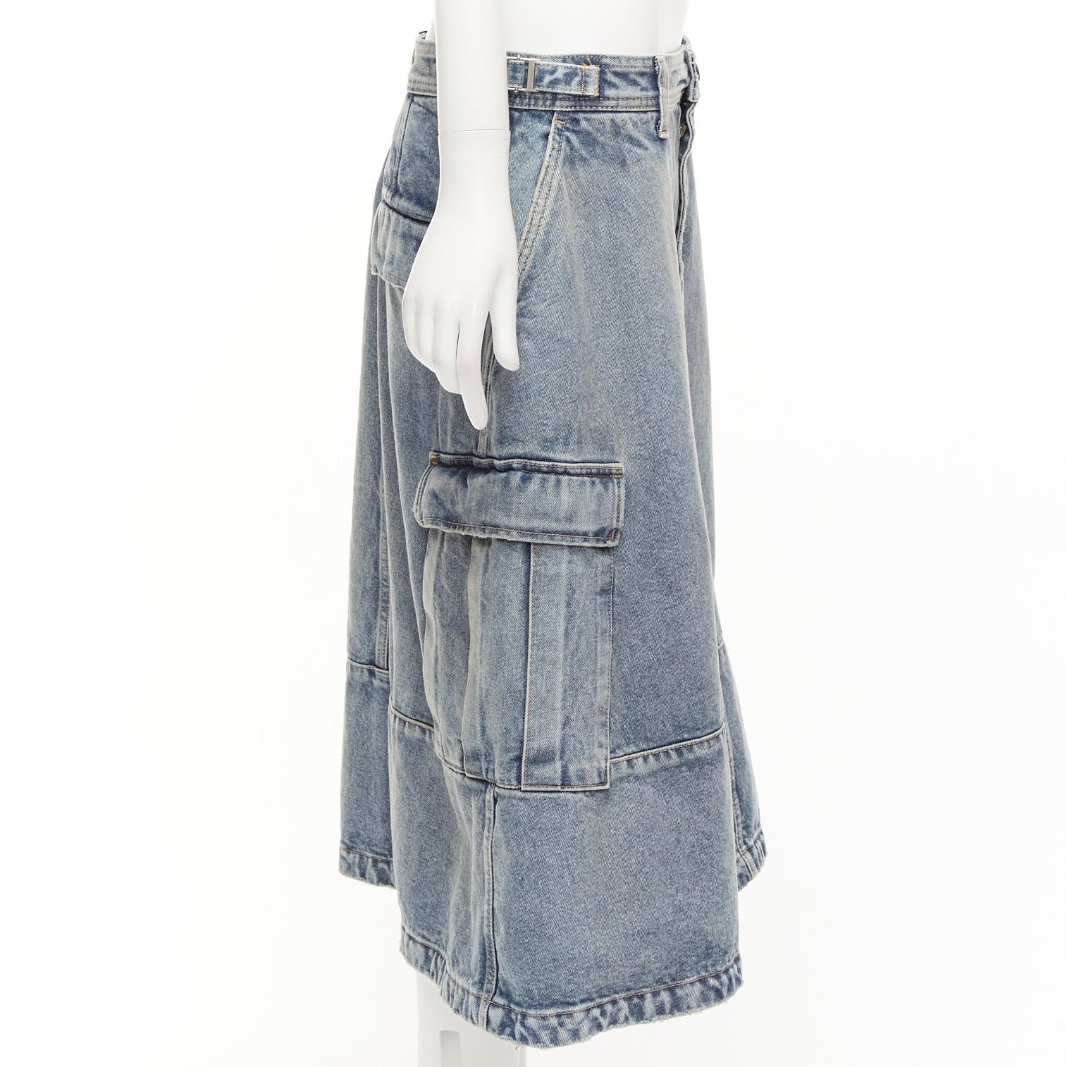 Balenciaga BALENCIAGA Demna 2021 Cargo Kick blue denim low waist logo midi skirt FR38 M Size 28" / US 6 / IT 42 - 4 Thumbnail