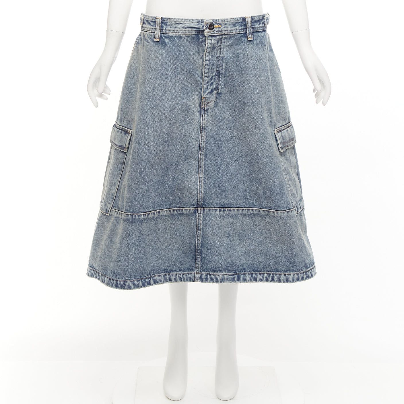 Balenciaga BALENCIAGA Demna 2021 Cargo Kick blue denim low waist logo midi skirt FR38 M Size 28" / US 6 / IT 42 - 9 Thumbnail