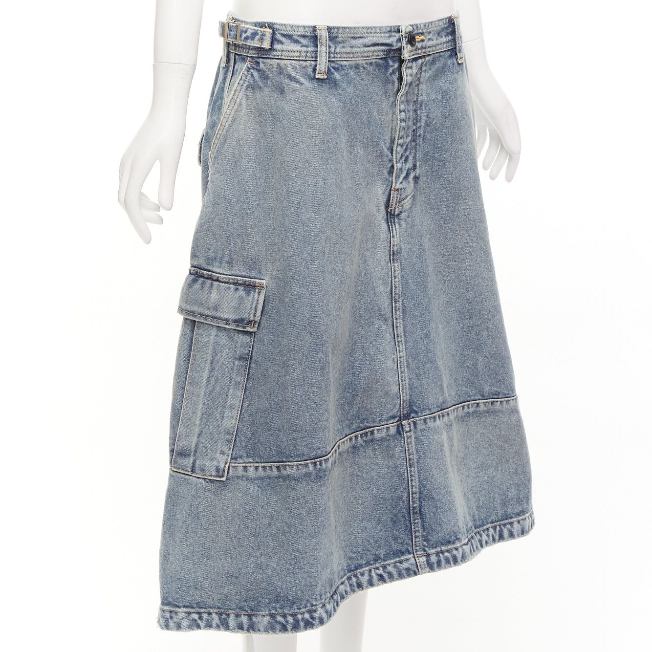 Balenciaga BALENCIAGA Demna 2021 Cargo Kick blue denim low waist logo midi skirt FR38 M Size 28" / US 6 / IT 42 - 3 Thumbnail