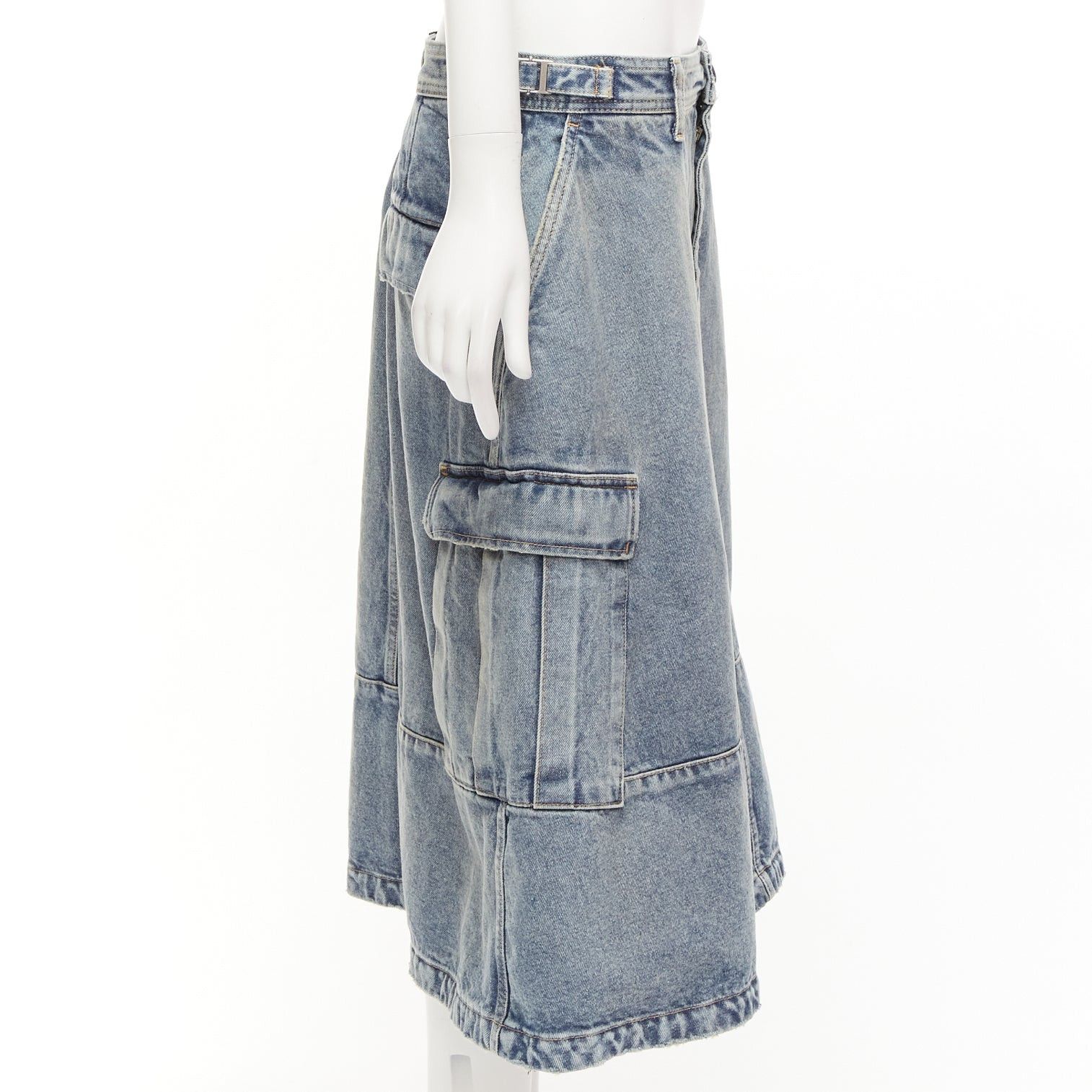 Balenciaga BALENCIAGA Demna 2021 Cargo Kick blue denim low waist logo midi skirt FR38 M Size 28" / US 6 / IT 42 - 4 Thumbnail
