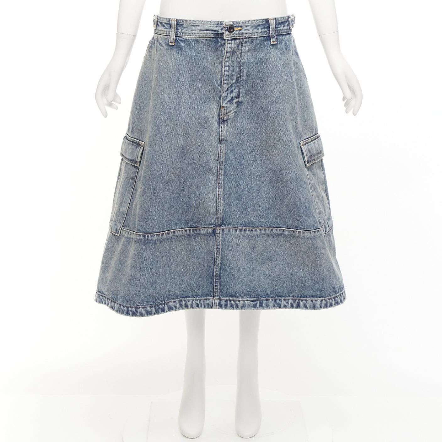Balenciaga BALENCIAGA Demna 2021 Cargo Kick blue denim low waist logo midi skirt FR38 M Size 28" / US 6 / IT 42 - 9 Thumbnail