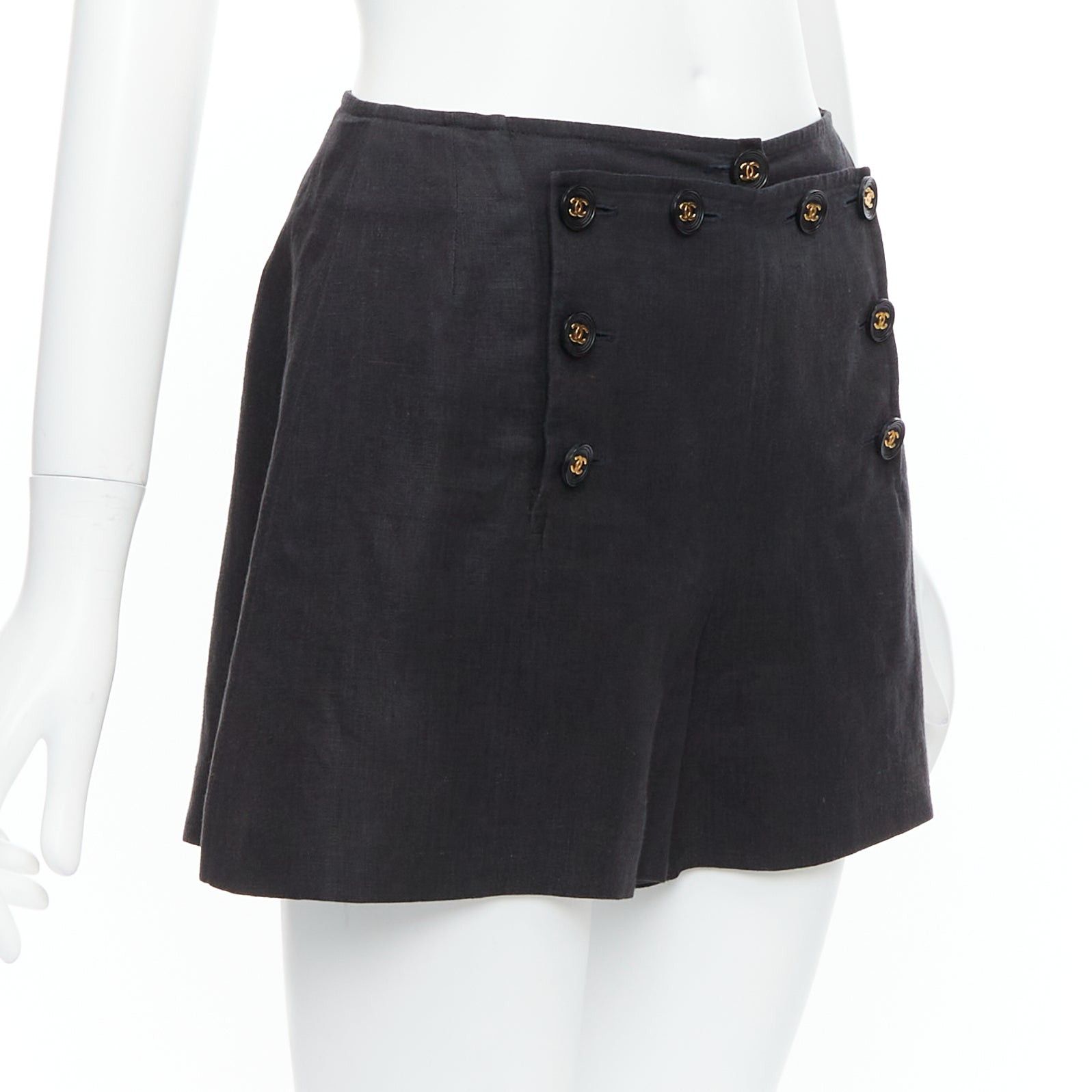Chanel rare CHANEL 94P Vintage black linen gold CC logo buttons sailor shorts FR36 S Size 27" / US 4 / IT 40 - 3 Thumbnail