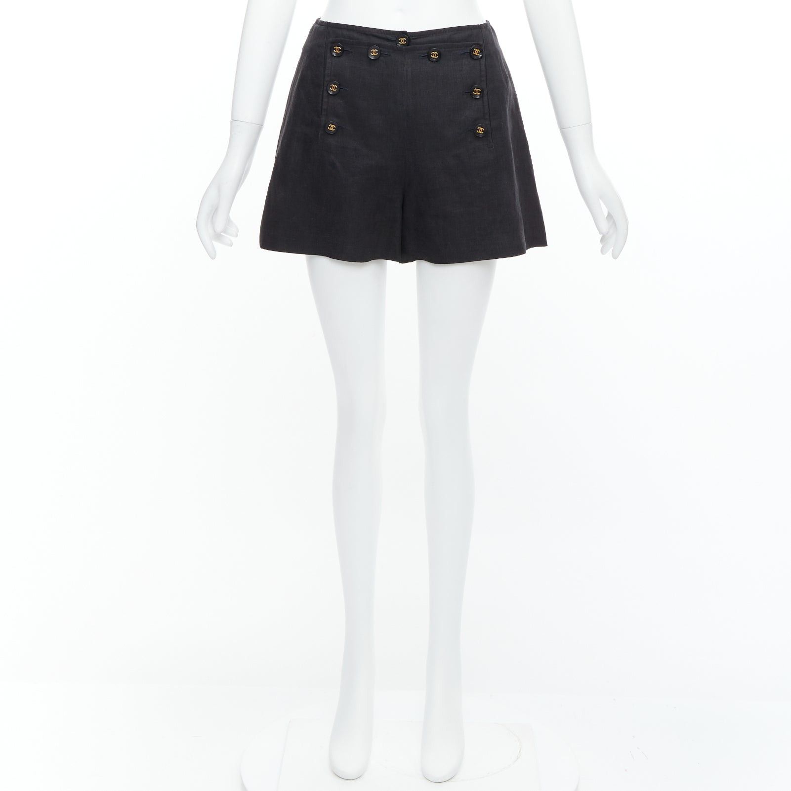 Chanel rare CHANEL 94P Vintage black linen gold CC logo buttons sailor shorts FR36 S Size 27" / US 4 / IT 40 - 9 Thumbnail