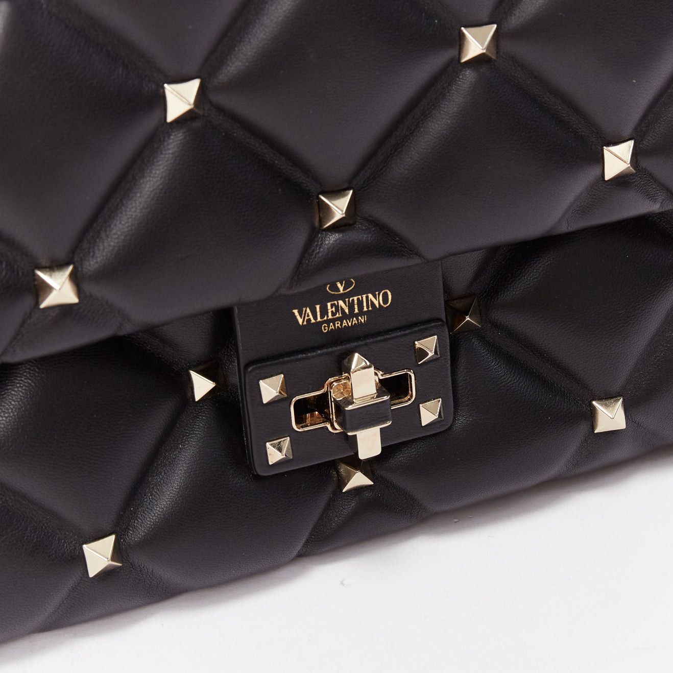 Valentino VALENTINO Candystud black nappa lambskin gold studded turnlock 2 way satchel bag Size ONE SIZE - 7 Thumbnail