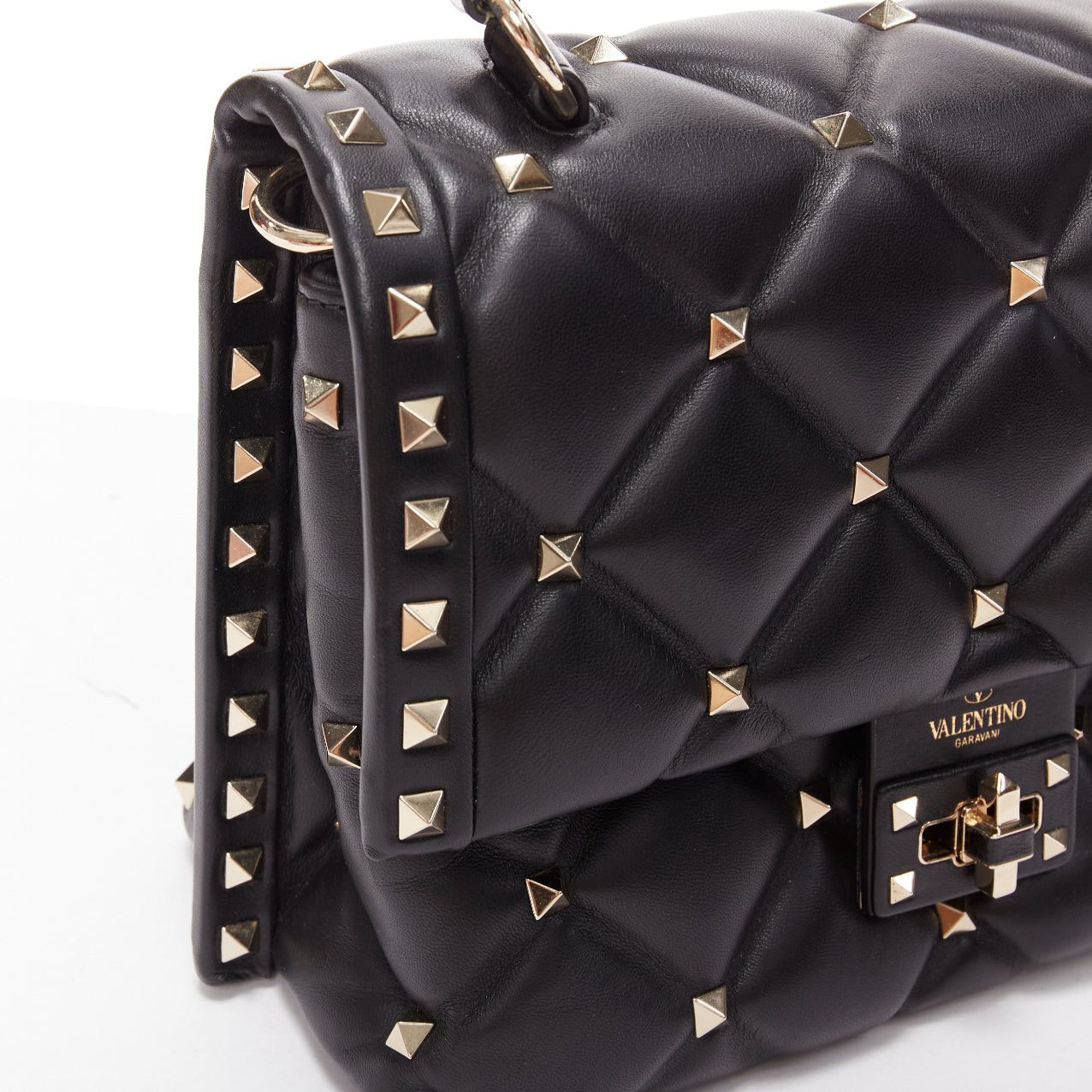 Valentino VALENTINO Candystud black nappa lambskin gold studded turnlock 2 way satchel bag Size ONE SIZE - 8 Thumbnail