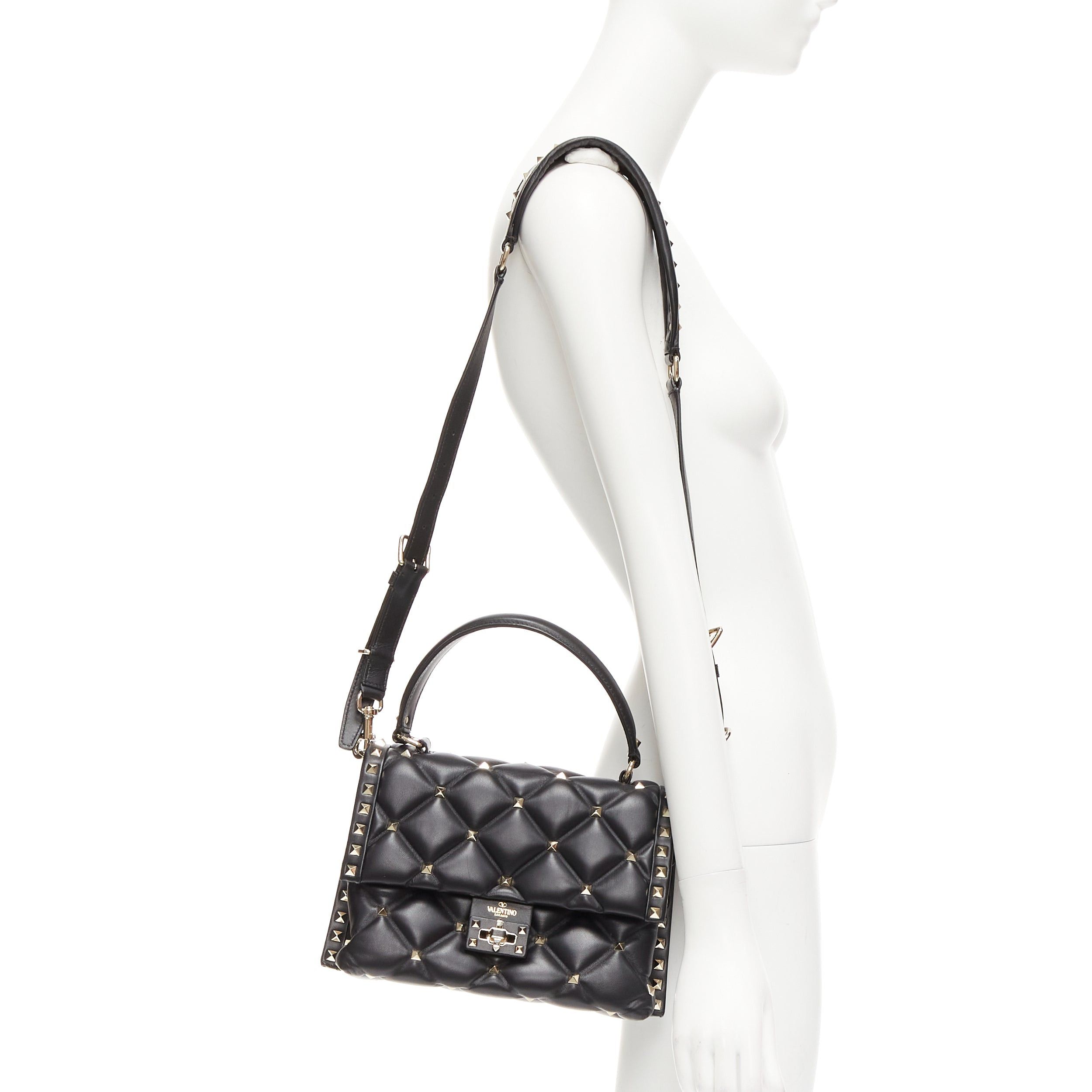 Valentino VALENTINO Candystud black nappa lambskin gold studded turnlock 2 way satchel bag Size ONE SIZE - 2 Thumbnail