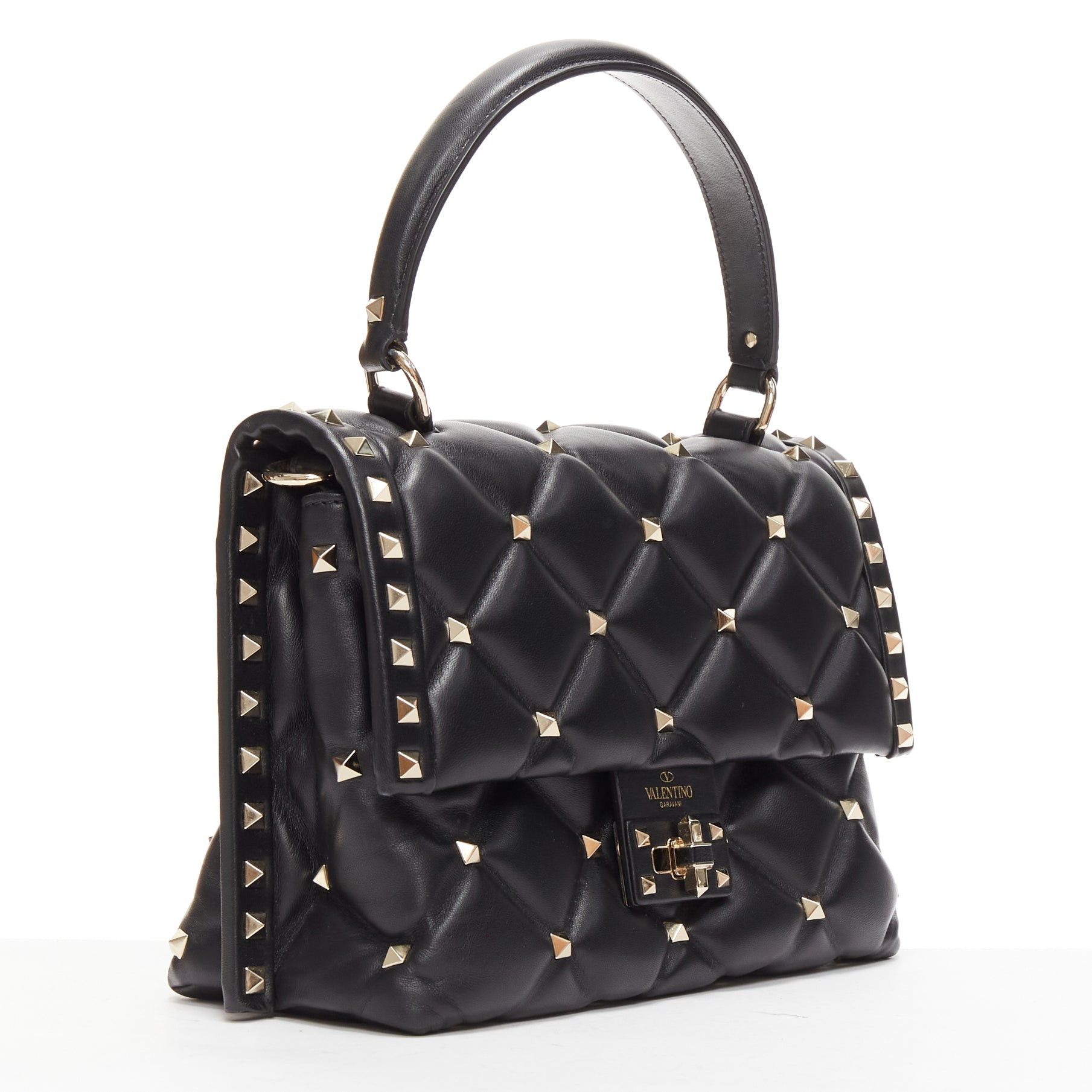 Valentino VALENTINO Candystud black nappa lambskin gold studded turnlock 2 way satchel bag Size ONE SIZE - 3 Thumbnail