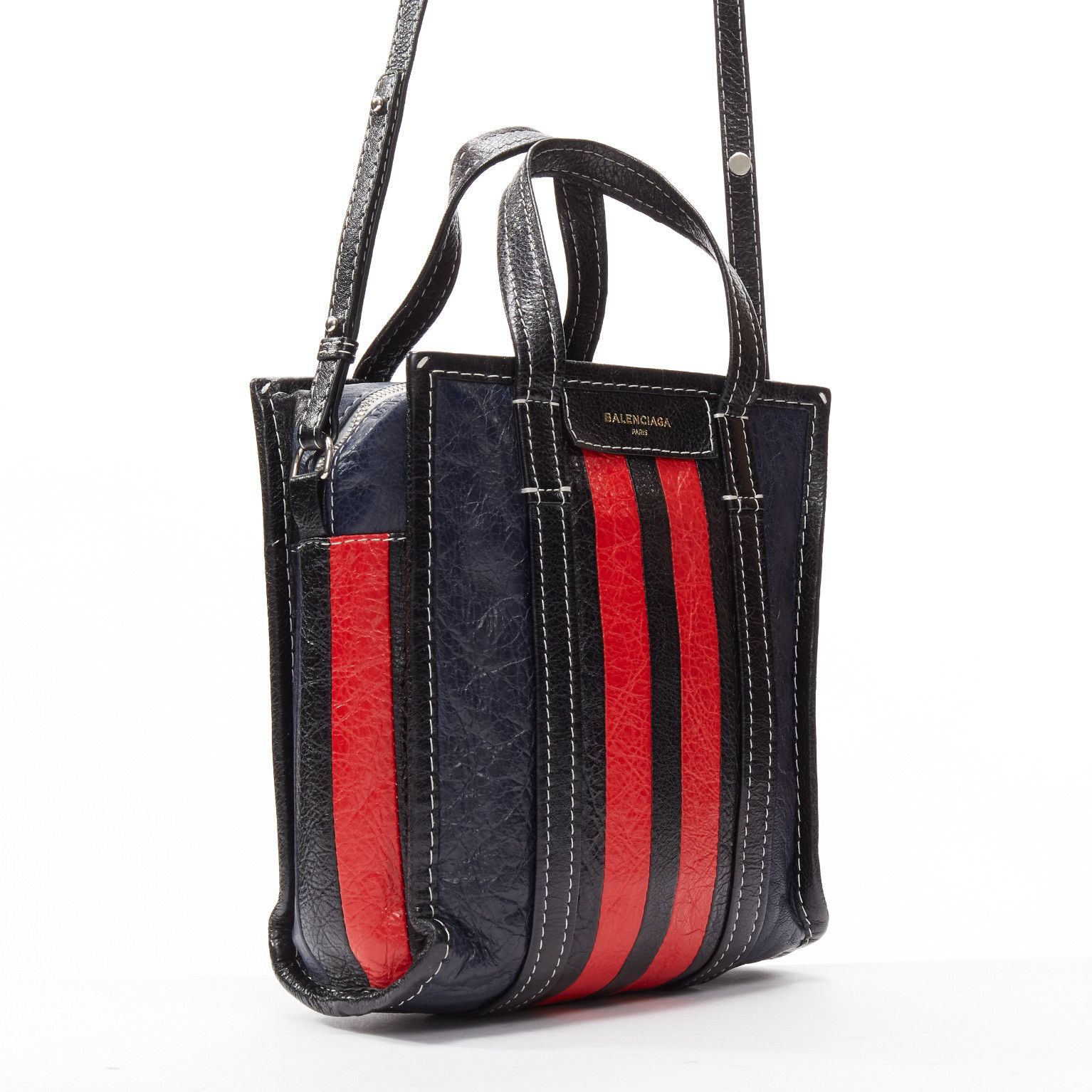 Balenciaga BALENCIAGA Bazar navy red striped leather top handle crossbody bag Size ONE SIZE - 3 Thumbnail