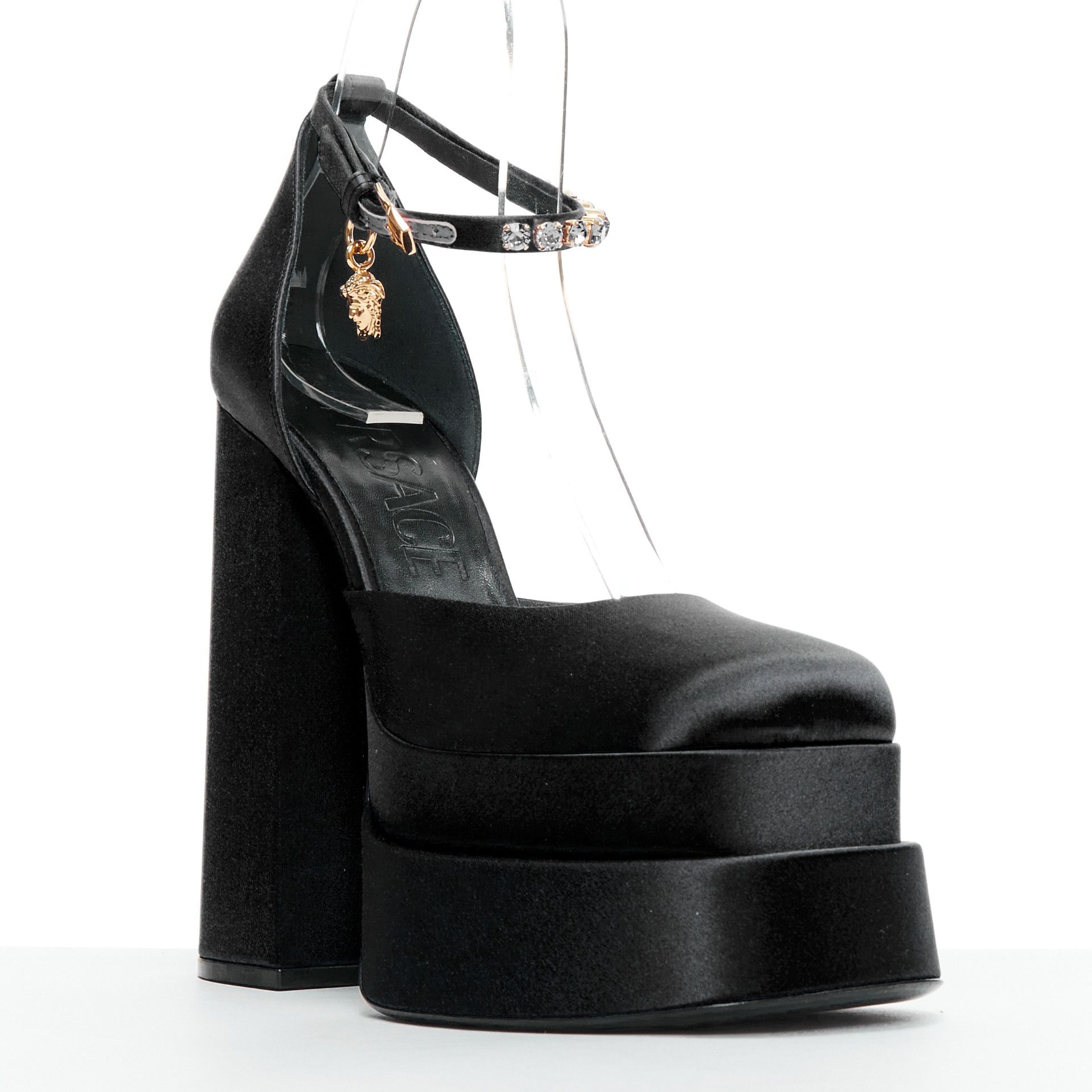 Versace VERSACE Runway Aevitas 155 black satin gold crystal Medusa double platform EU41 Size US 11 / IT 41 - 2 Thumbnail