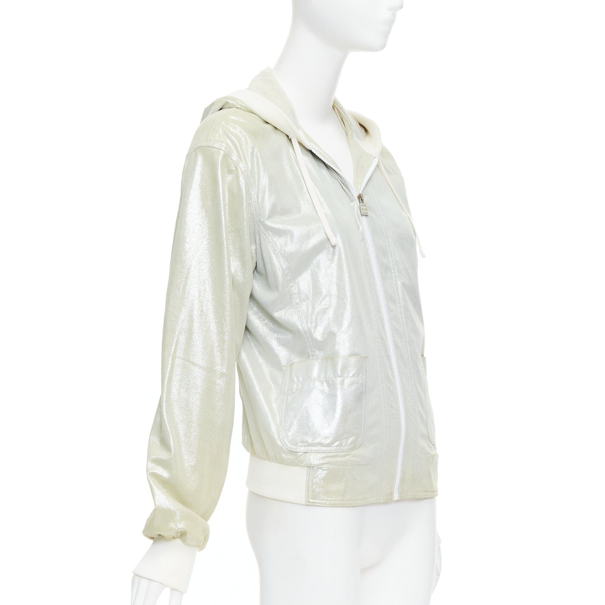 CHANEL 08P Vintage metallic lambskin leather rib trim hooded zip jacket FR38 M