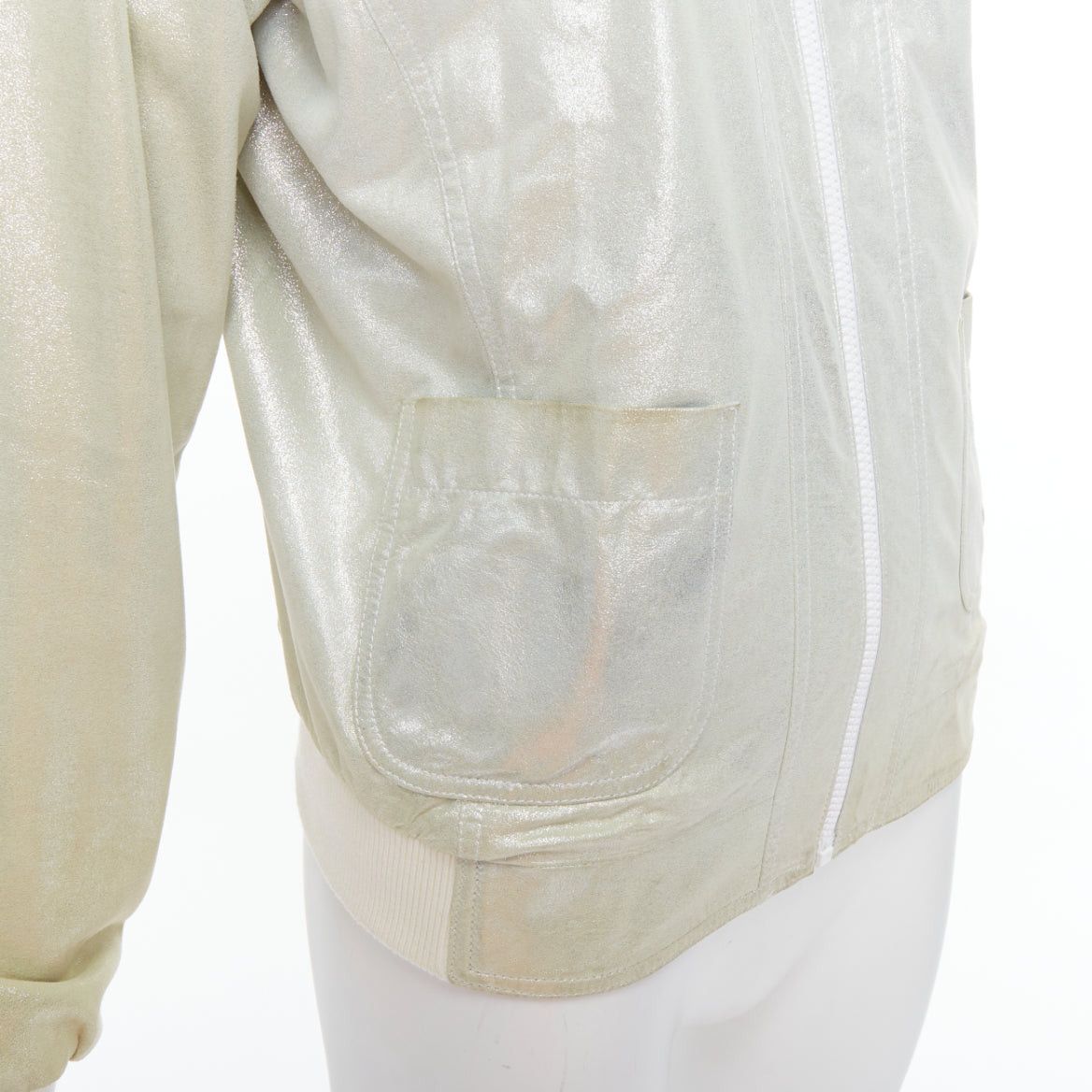 CHANEL 08P Vintage metallic lambskin leather rib trim hooded zip jacket FR38 M