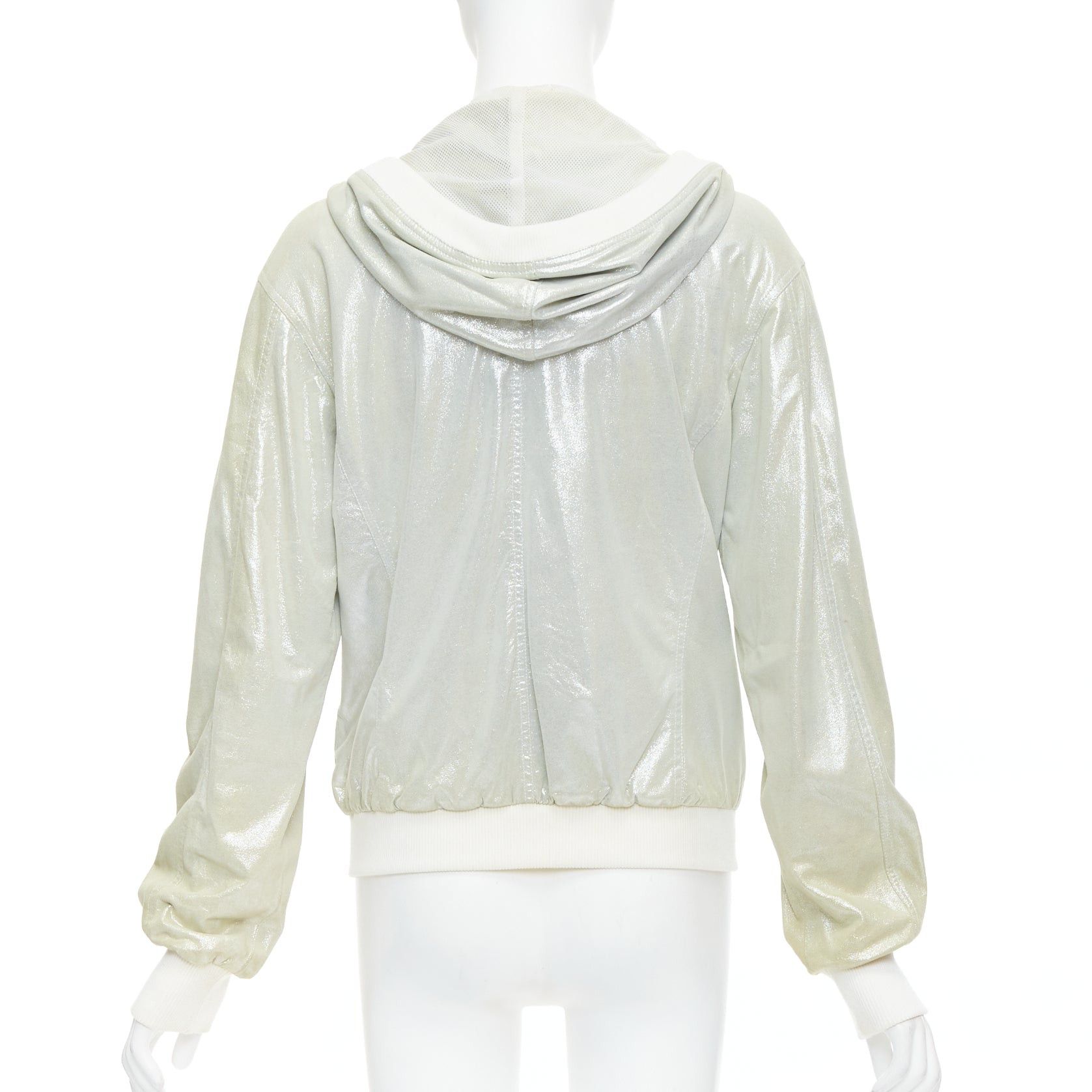 CHANEL 08P Vintage metallic lambskin leather rib trim hooded zip jacket FR38 M