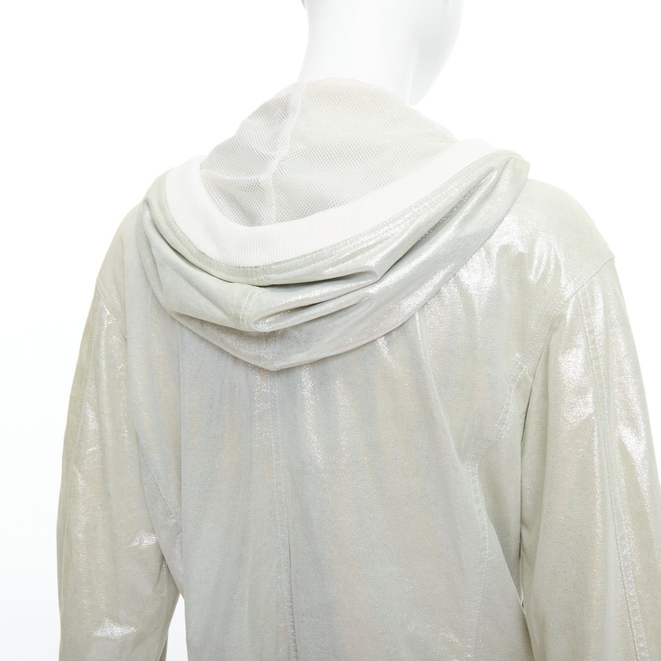 CHANEL 08P Vintage metallic lambskin leather rib trim hooded zip jacket FR38 M