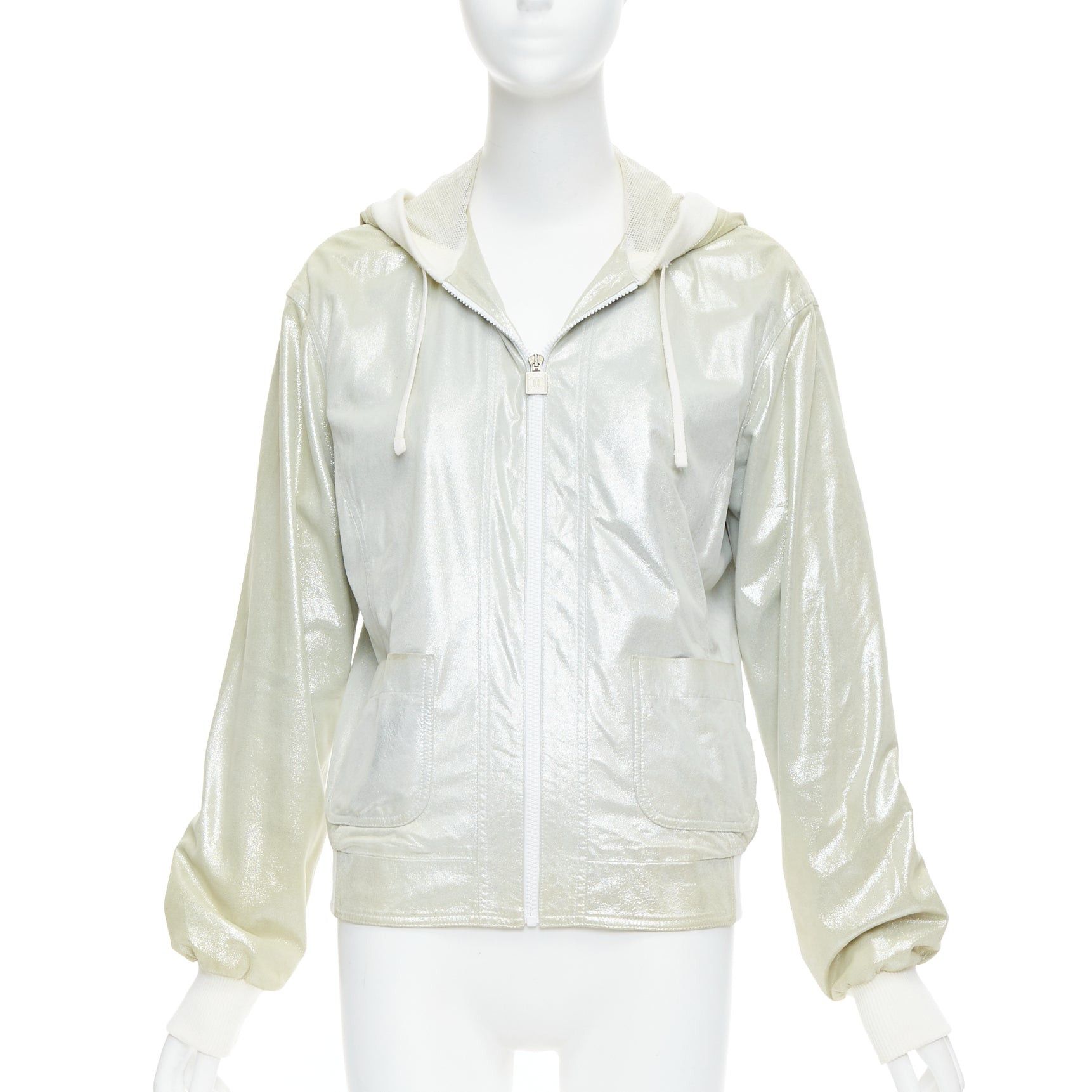 CHANEL 08P Vintage metallic lambskin leather rib trim hooded zip jacket FR38 M