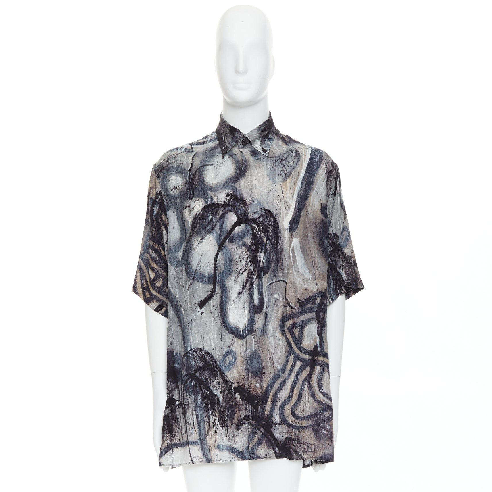 Yohji Yamamoto YOHJI YAMAMOTO 100% silk grey beige abstract print relaxed shirt JP2 M Size US M / EU 48-50 / 2 - 9 Thumbnail