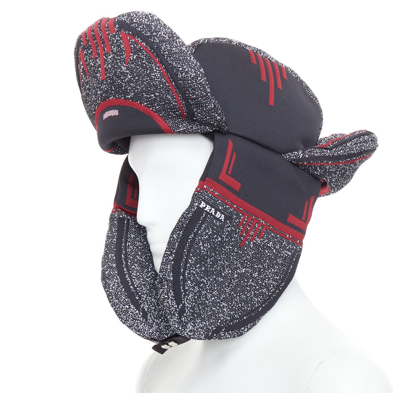 Prada rare PRADA 2019 Runway red grey logo jacquard padded trapper hat L Size ONE SIZE - 2 Thumbnail