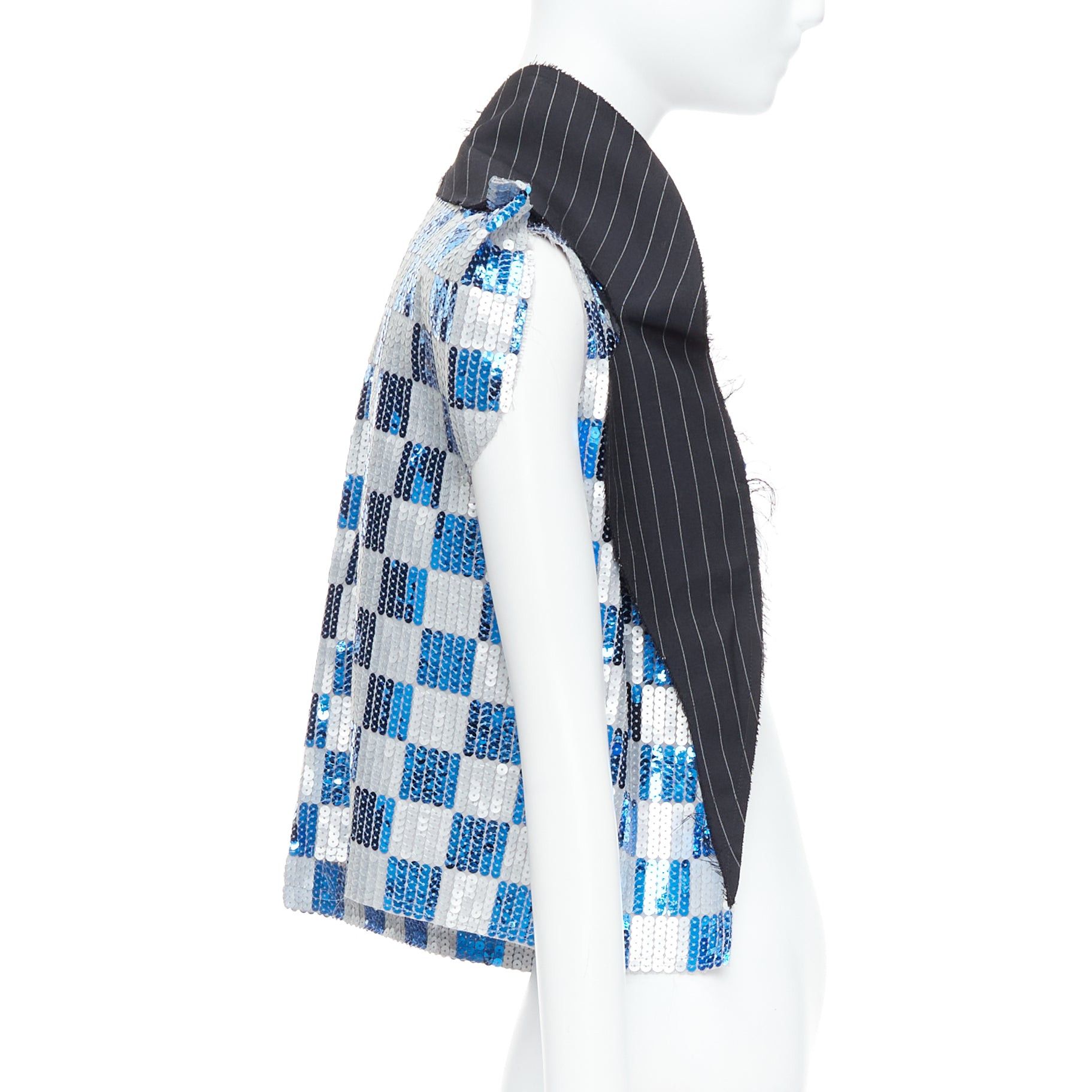 Comme des Garcons COMME DES GARCONS 2007 blue grey checkered sequin wool trim vest XS Size S / US 4 / IT 40 - 4 Thumbnail