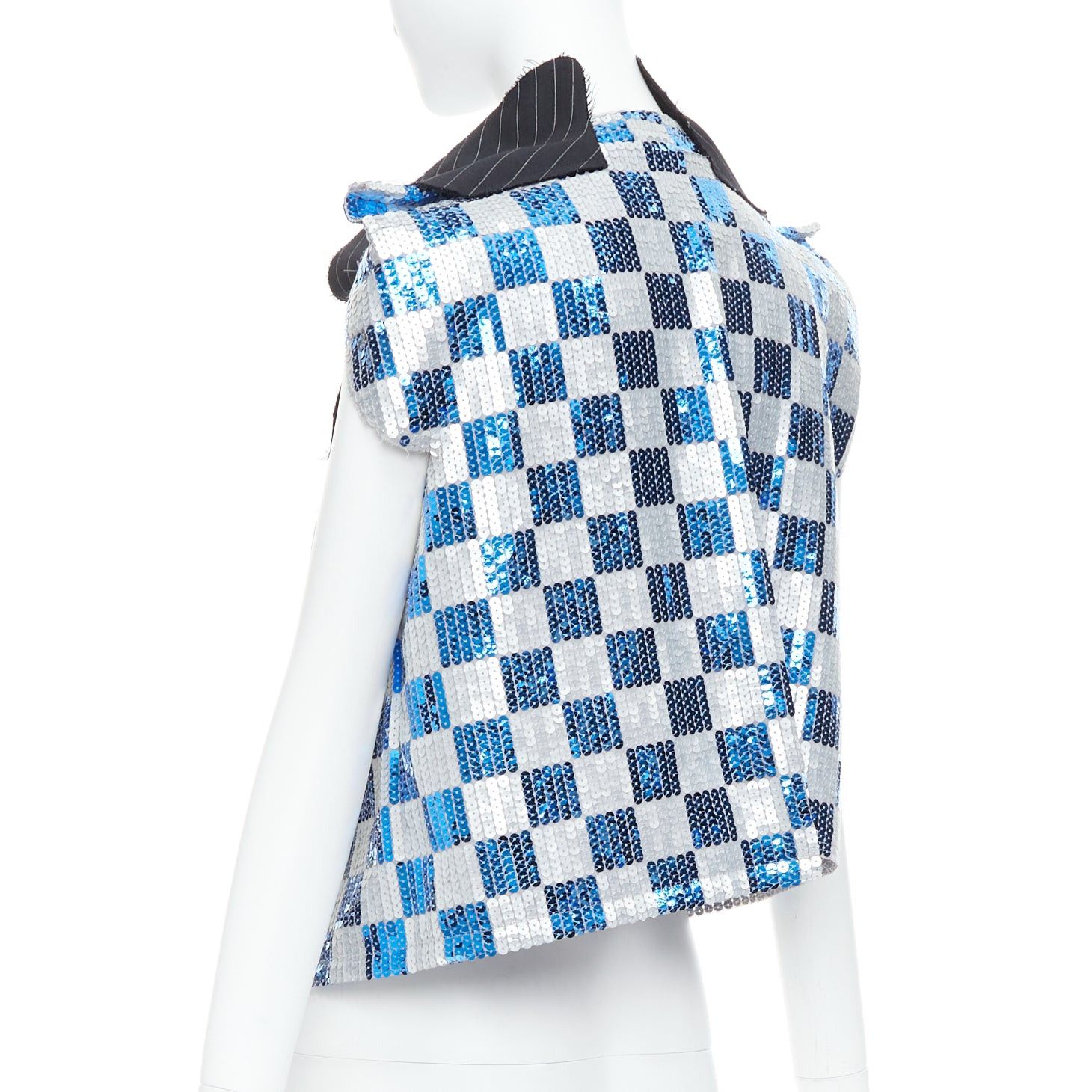 Comme des Garcons COMME DES GARCONS 2007 blue grey checkered sequin wool trim vest XS Size S / US 4 / IT 40 - 6 Thumbnail