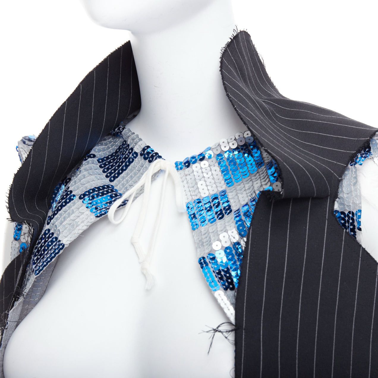 Comme des Garcons COMME DES GARCONS 2007 blue grey checkered sequin wool trim vest XS Size S / US 4 / IT 40 - 2 Thumbnail