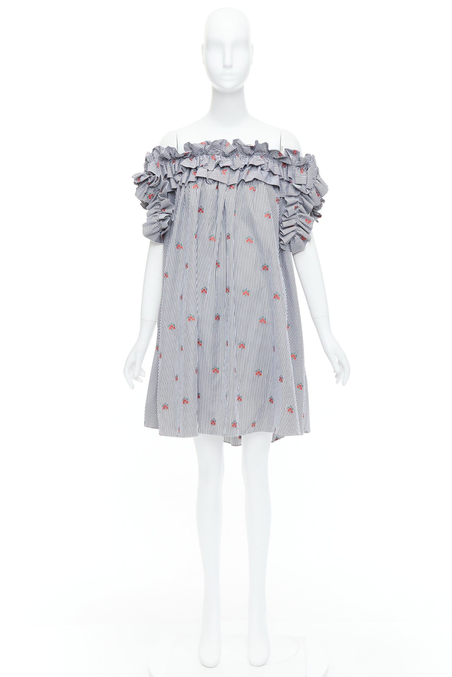 Alexander McQueen ALEXANDER MCQUEEN 2017 red floral blue pinstripe ruffle tent dress IT42 M Size M / US 6-8 / IT 42-44 - 10 Thumbnail