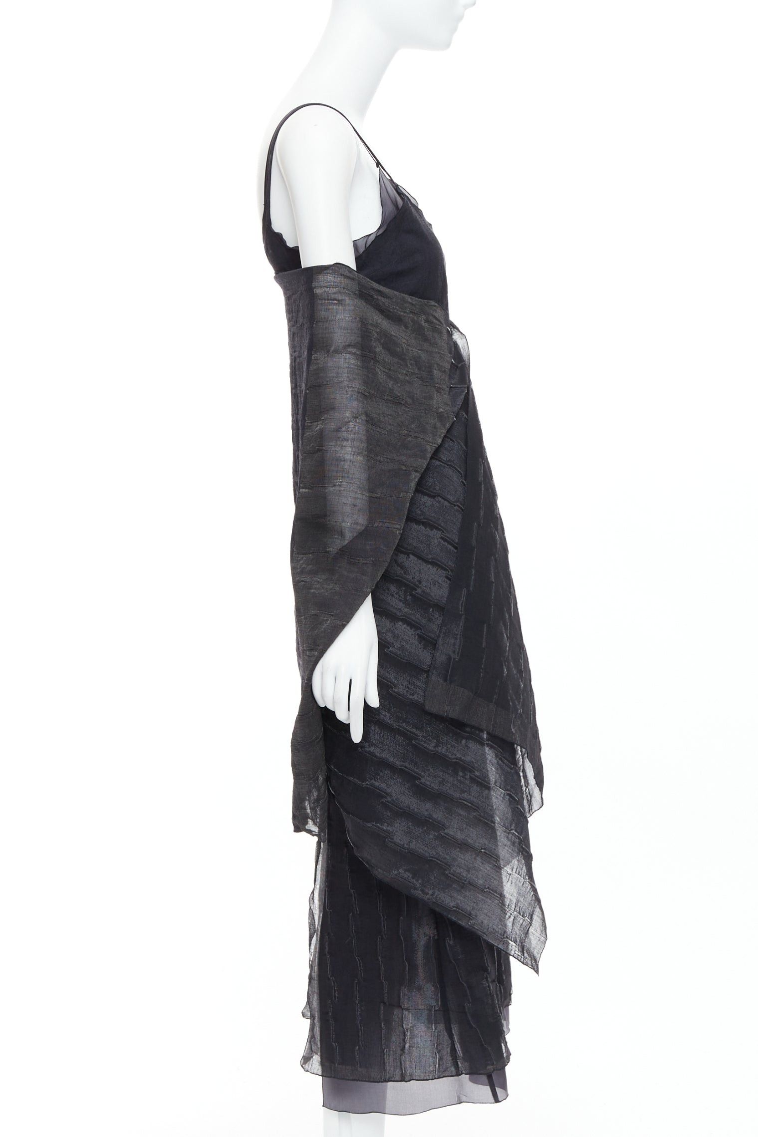 Romeo Gigli rare ROMEO GIGLI Vintage black wool blend crinkled dress sheer shawl IT42 M Size M / US 6-8 / IT 42-44 - 4 Thumbnail