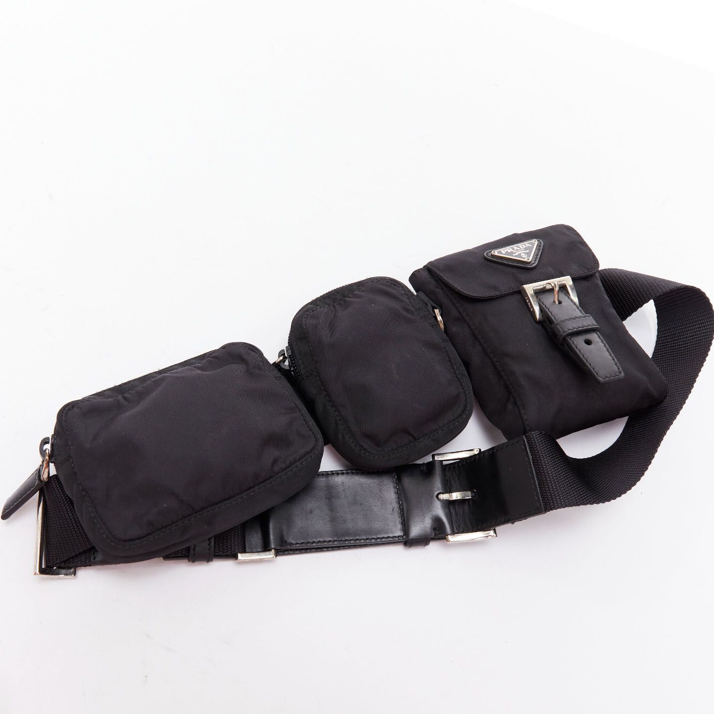 Prada rare PRADA black nylon silver triangle logo leather triple pouch waist bag Size ONE SIZE - 6 Thumbnail