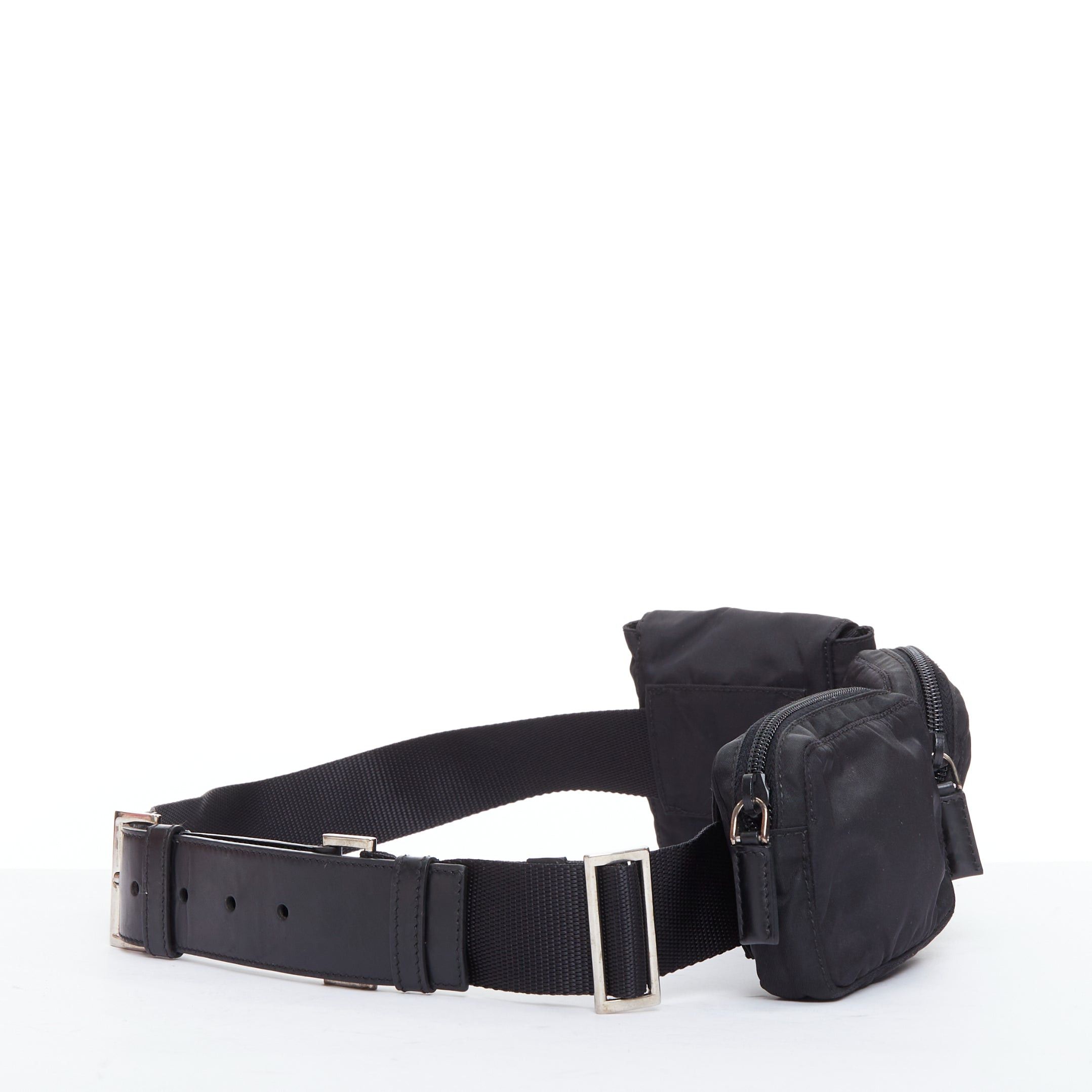 Prada rare PRADA black nylon silver triangle logo leather triple pouch waist bag Size ONE SIZE - 3 Thumbnail