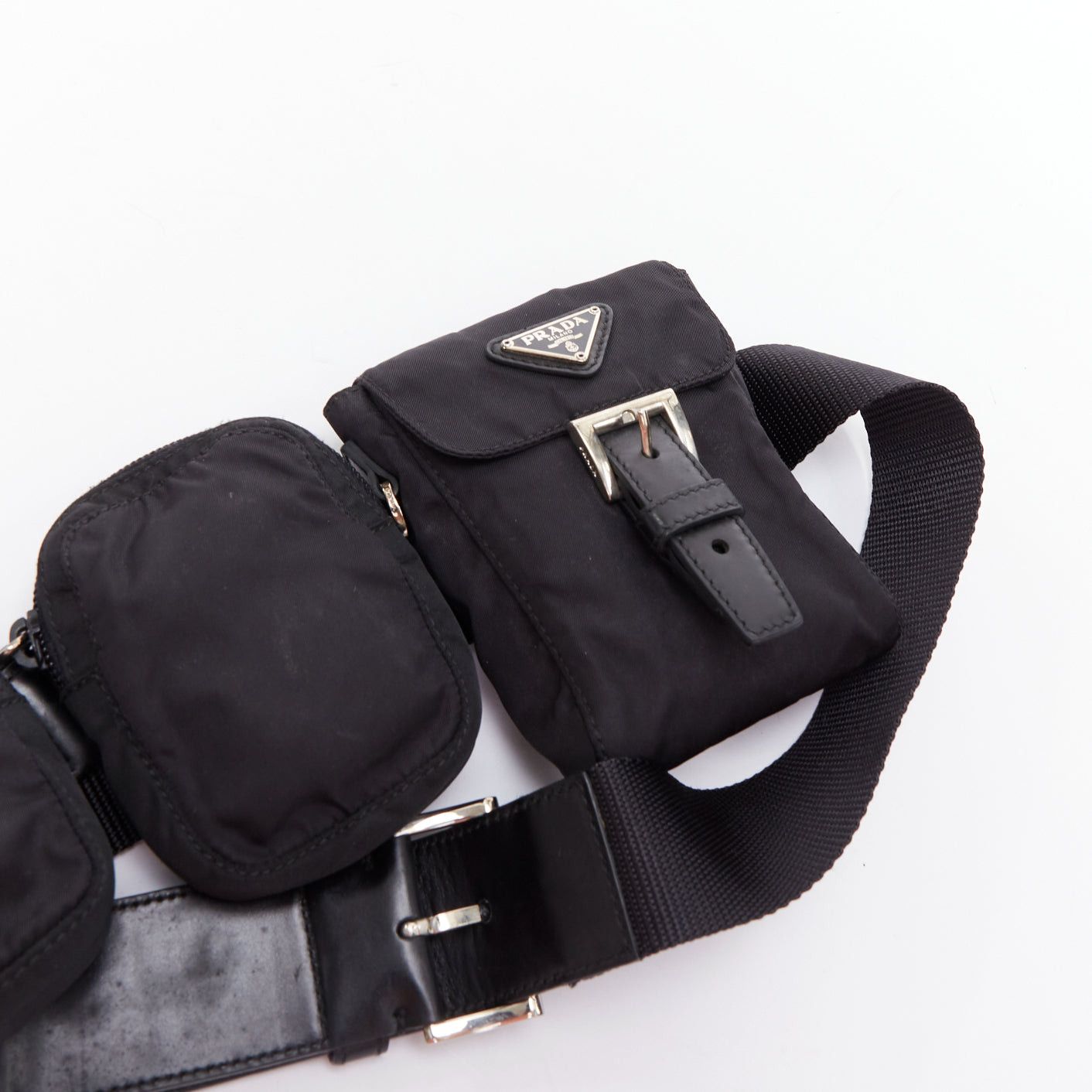 Prada rare PRADA black nylon silver triangle logo leather triple pouch waist bag Size ONE SIZE - 5 Thumbnail