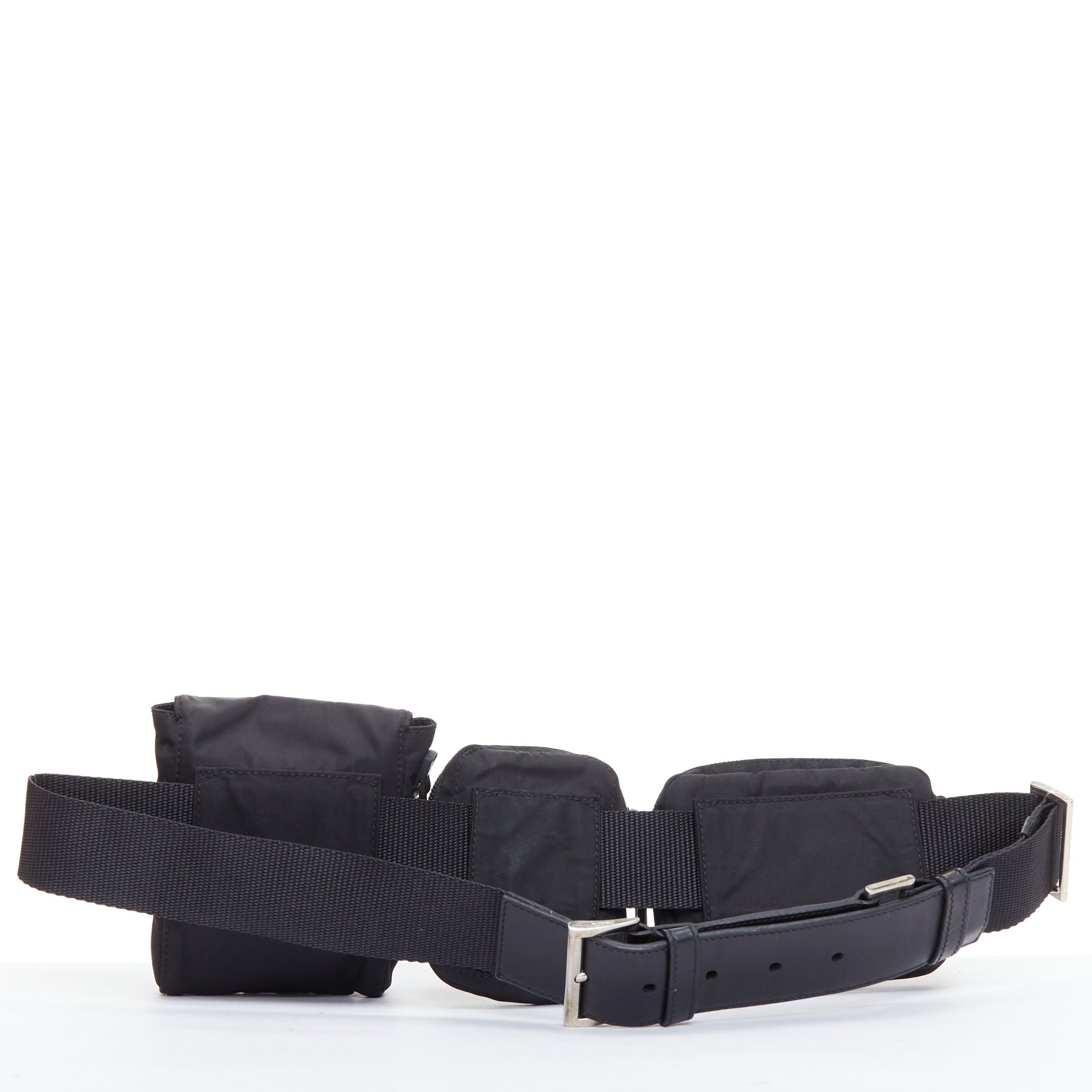 Prada rare PRADA black nylon silver triangle logo leather triple pouch waist bag Size ONE SIZE - 4 Thumbnail
