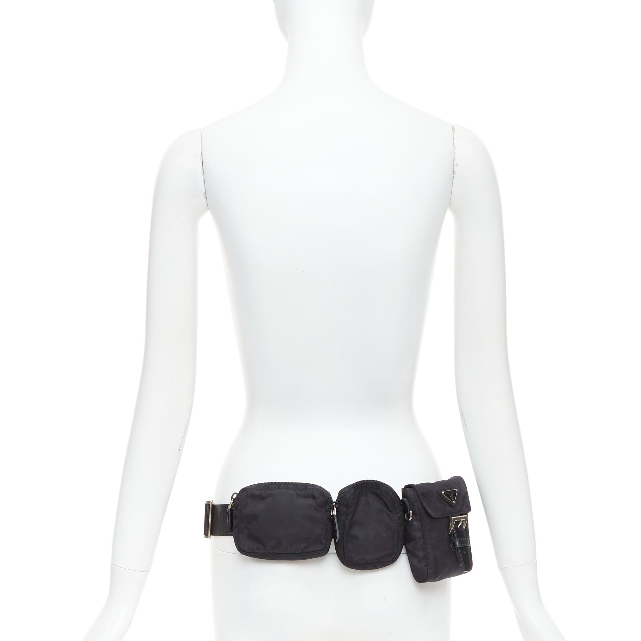 Prada rare PRADA black nylon silver triangle logo leather triple pouch waist bag Size ONE SIZE - 2 Thumbnail