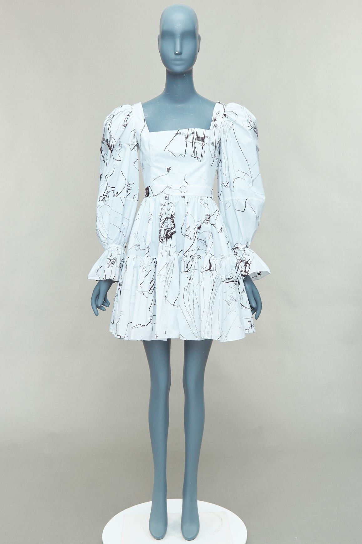 Alexander McQueen ALEXANDER MCQUEEN 2019 white black sketch illustration print puff sleeve dress IT38 XS Size XS / US 0-2 / IT 36-38 - 9 Thumbnail