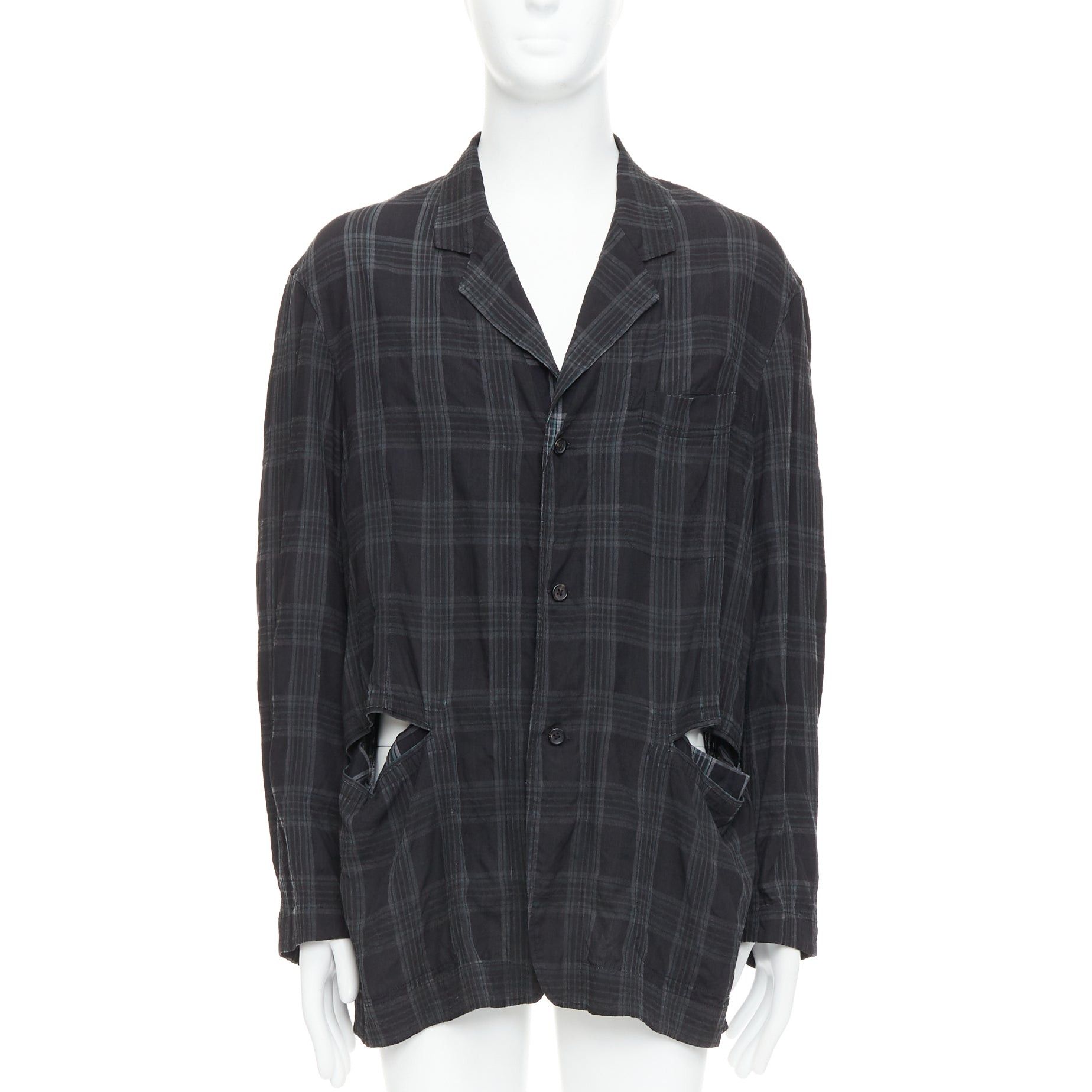 Yohji Yamamoto YOHJI YAMAMOTO Homme Plus grey checked slashed pocket blazer jacket JP2 M Size 48R - 3 Thumbnail