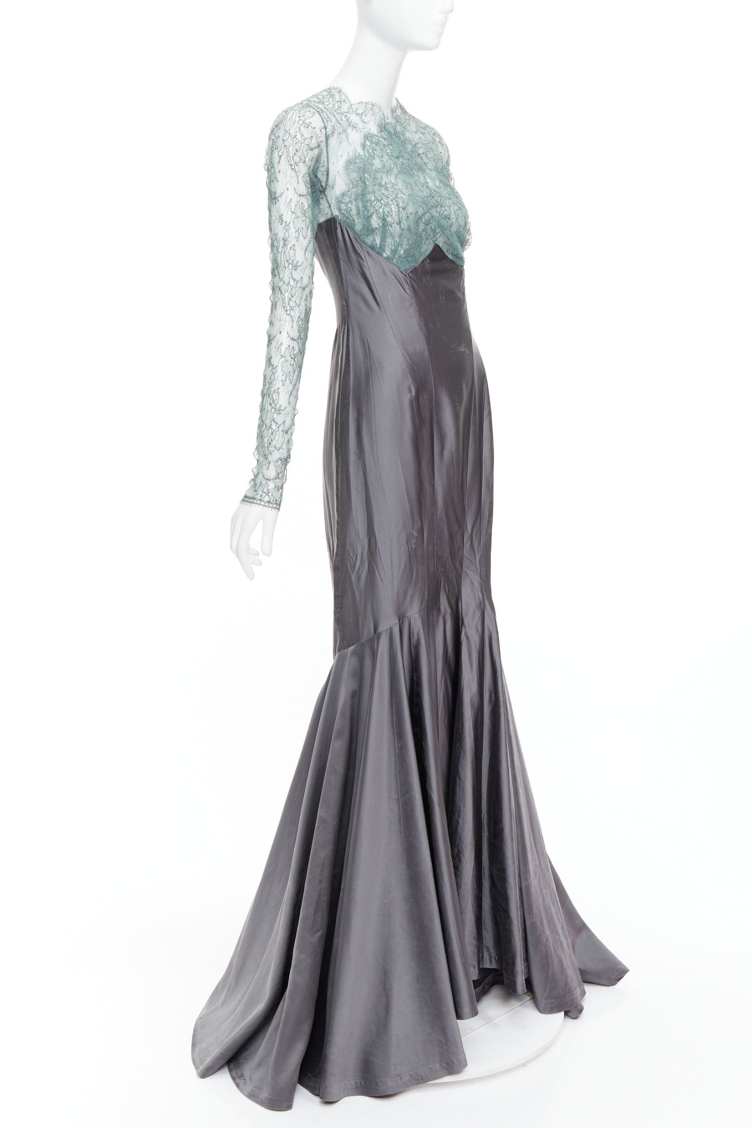 Guy Laroche rare GUY LAROCHE COUTURE 2006 Vintage Runway green crossover lace bust grey silk mermaid evening gown IT38 XS Size M / US 6-8 / IT 42-44 - 3 Thumbnail