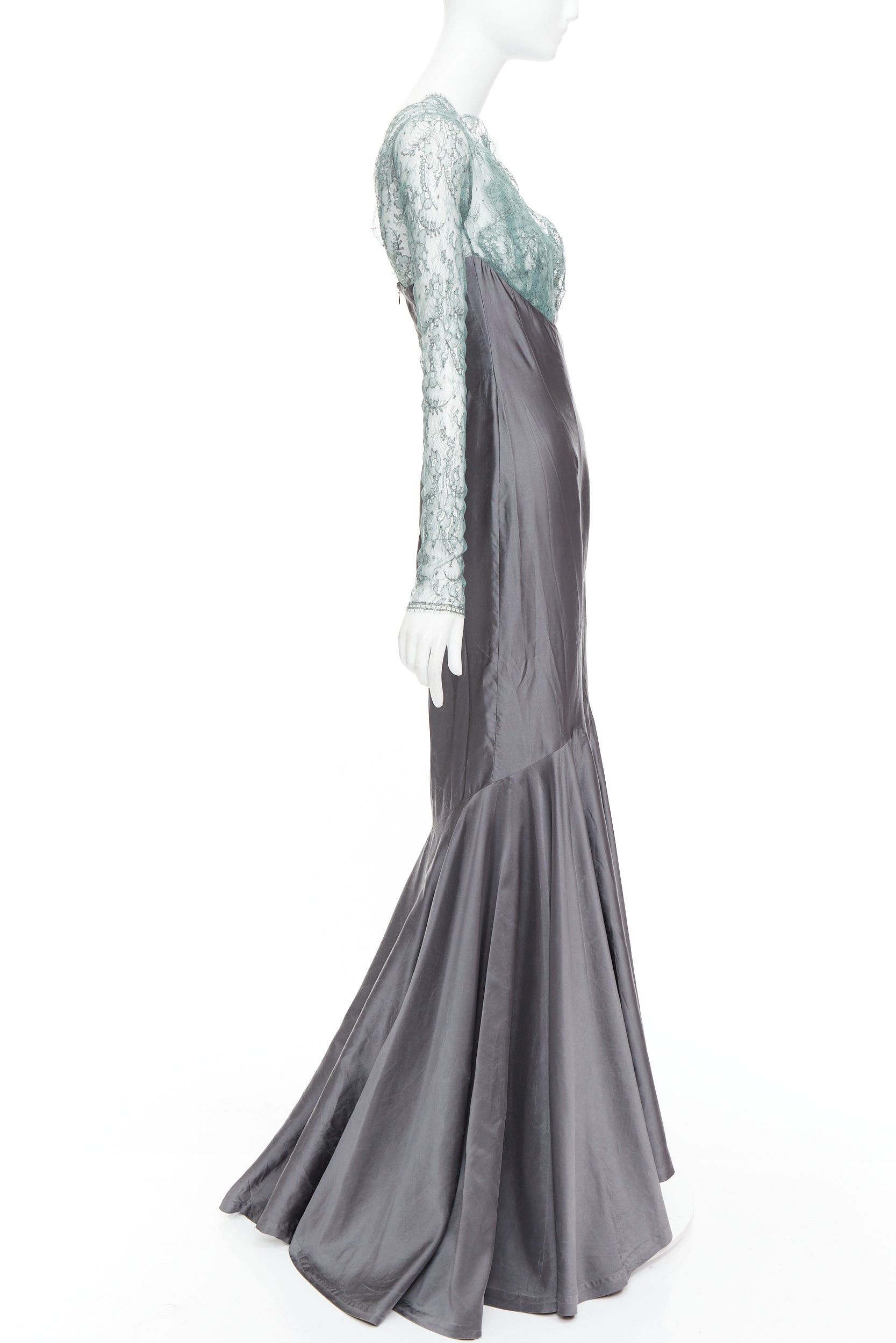 Guy Laroche rare GUY LAROCHE COUTURE 2006 Vintage Runway green crossover lace bust grey silk mermaid evening gown IT38 XS Size M / US 6-8 / IT 42-44 - 4 Thumbnail