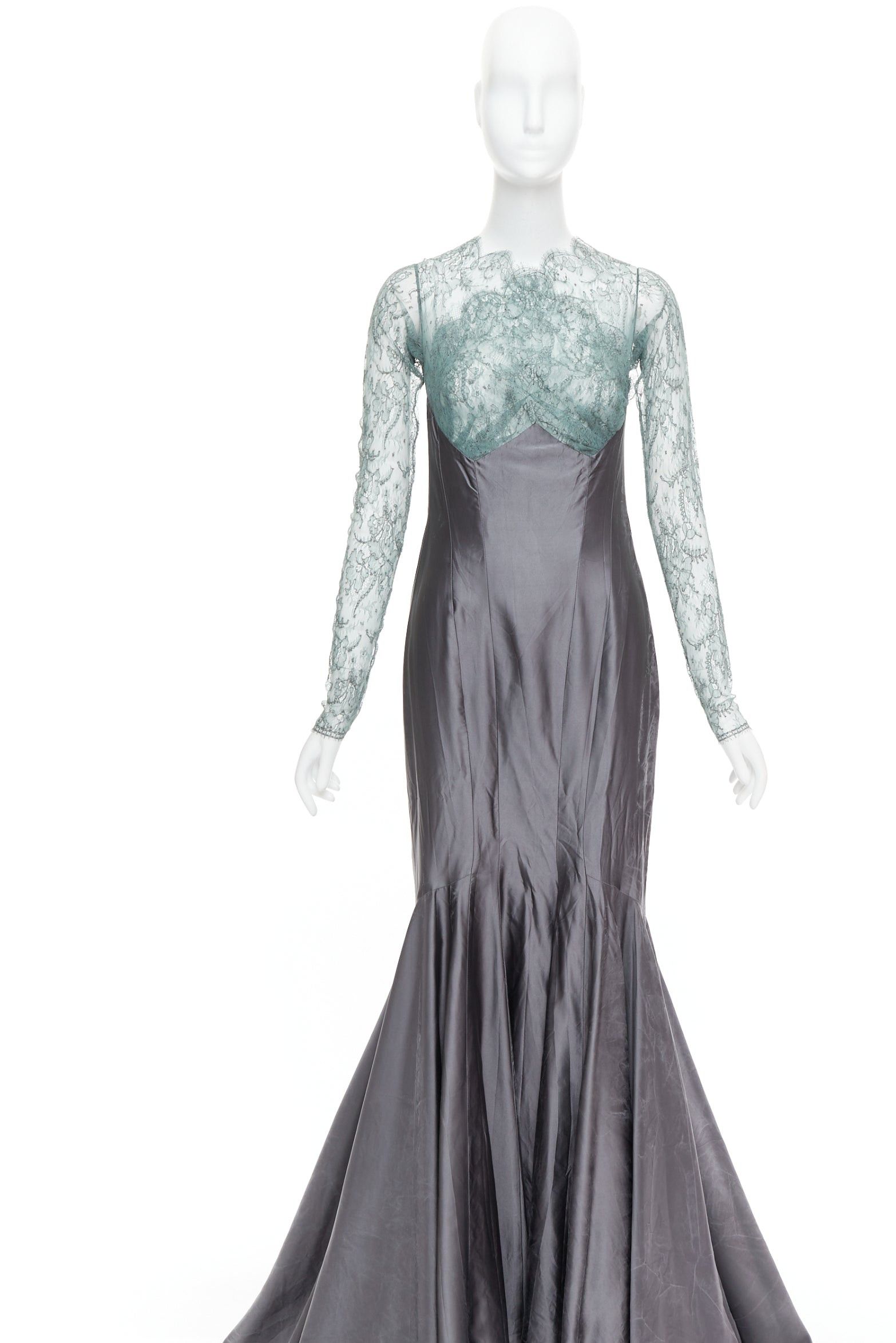 Guy Laroche rare GUY LAROCHE COUTURE 2006 Vintage Runway green crossover lace bust grey silk mermaid evening gown IT38 XS Size M / US 6-8 / IT 42-44 - 10 Thumbnail