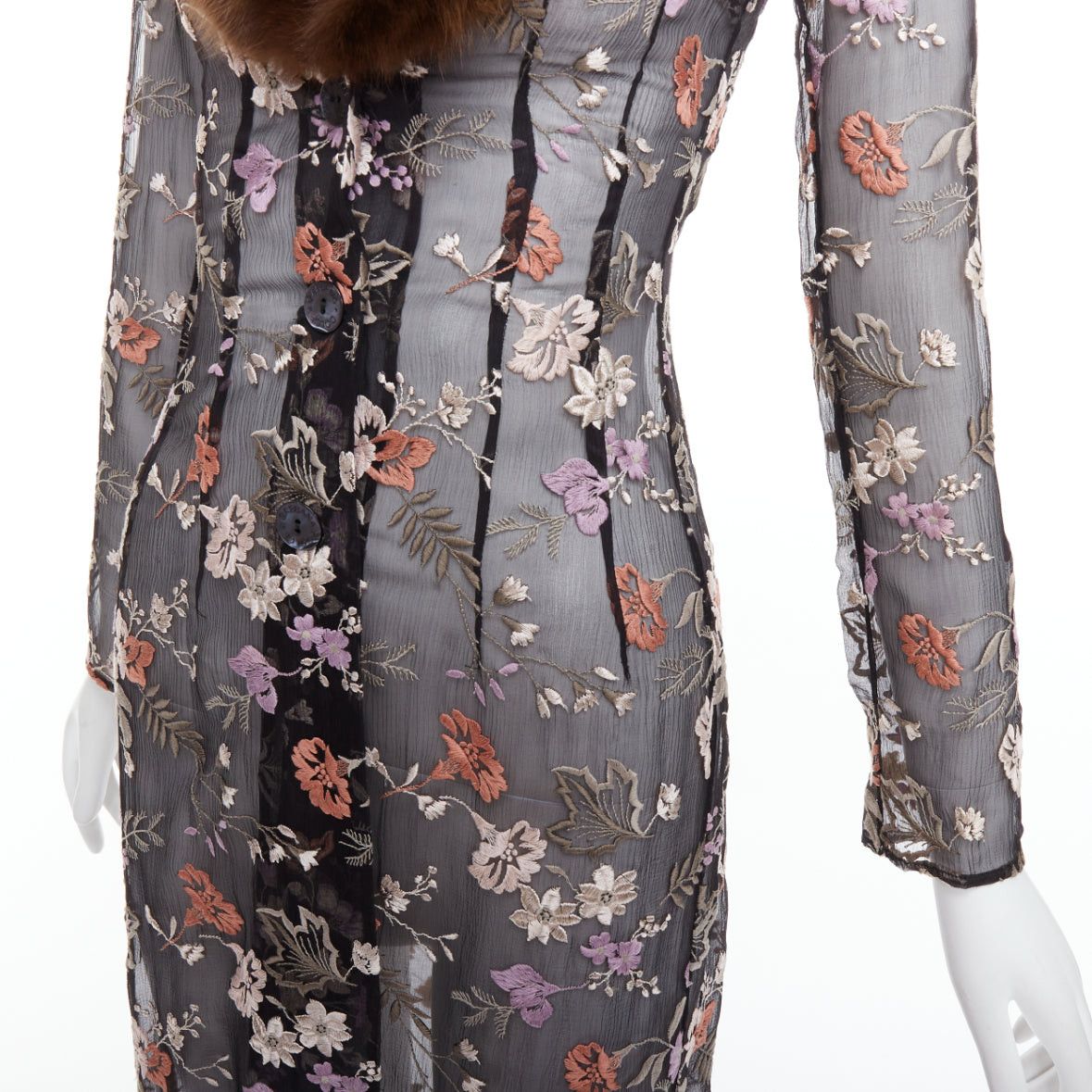 Dolce & Gabbana rare DOLCE GABBANA 1997 Vintage Runway fur collar black oriental floral embroidery sheer coat IT38 XS Size XS / US 0-2 / IT 36-38 - 2 Thumbnail