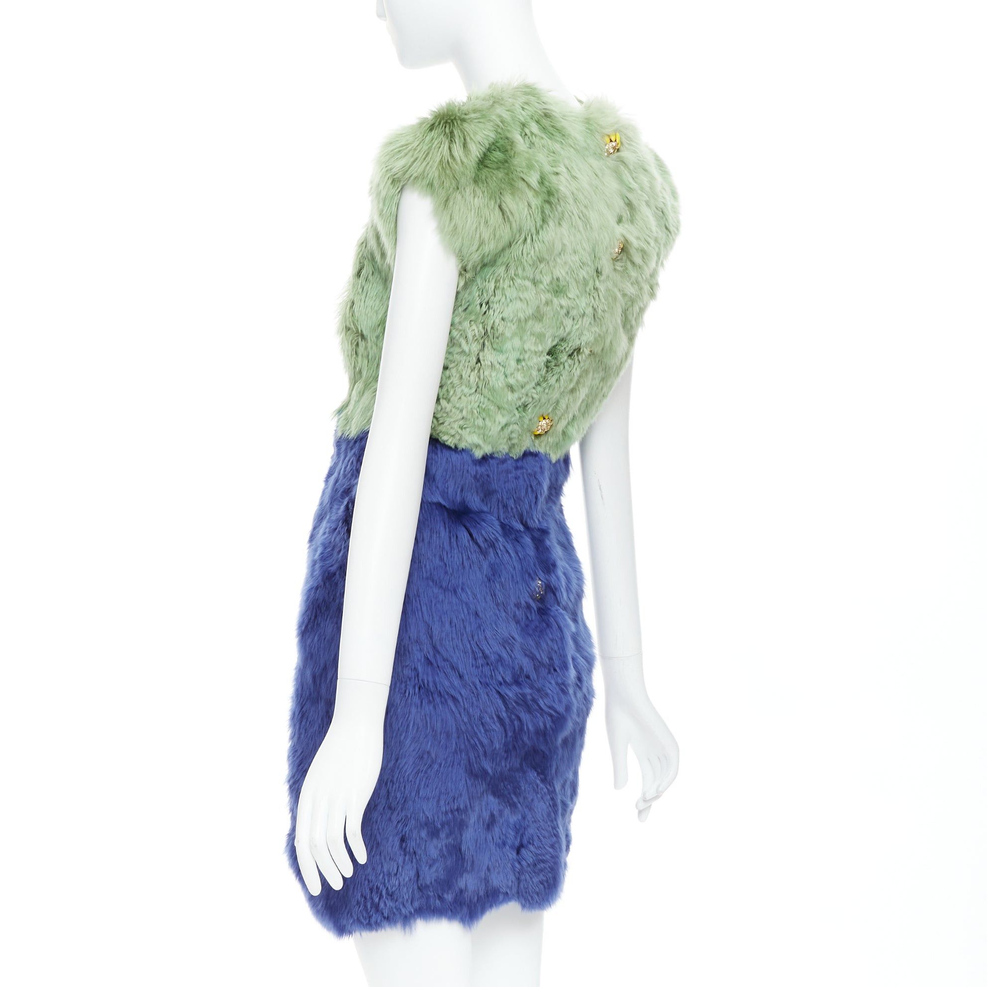 Dolce & Gabbana DOLCE GABBANA 2014 Runway blue green alpaca fur floral crystal buttons dress IT36 XXS Size XS / US 0-2 / IT 36-38 - 6 Thumbnail
