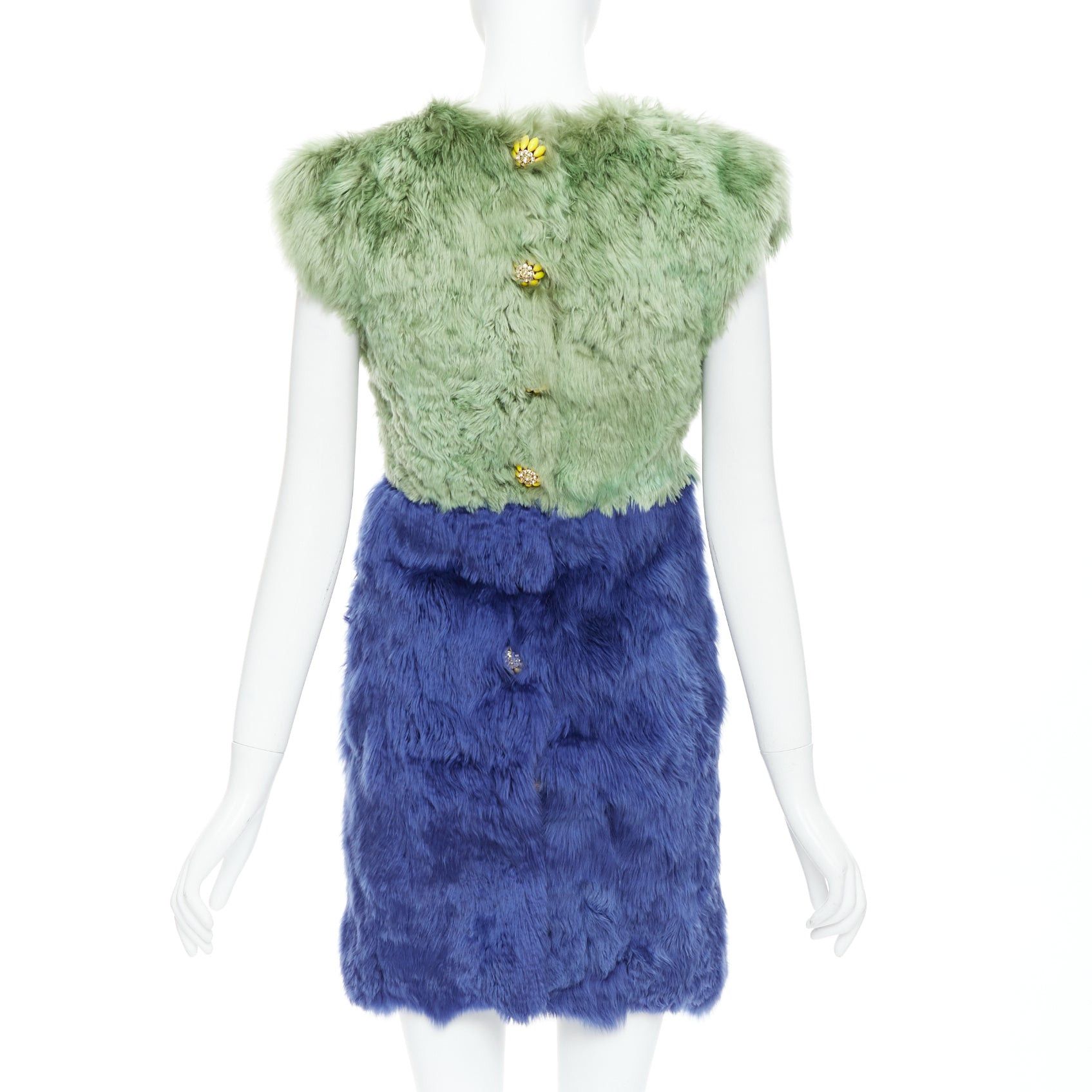 Dolce & Gabbana DOLCE GABBANA 2014 Runway blue green alpaca fur floral crystal buttons dress IT36 XXS Size XS / US 0-2 / IT 36-38 - 5 Thumbnail