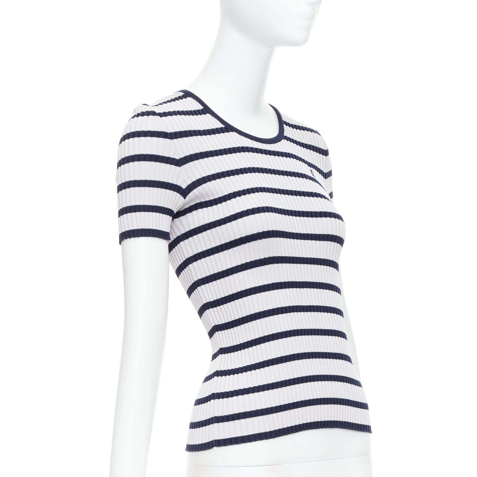 Chanel CHANEL 98P Vintage black grey ribbed cotton nautical striped logo top FR36 S Size S / US 4 / IT 40 - 3 Thumbnail