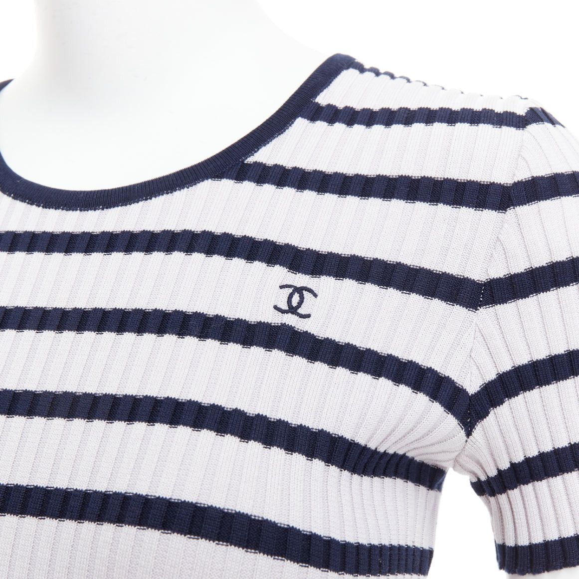 Chanel CHANEL 98P Vintage black grey ribbed cotton nautical striped logo top FR36 S Size S / US 4 / IT 40 - 2 Thumbnail